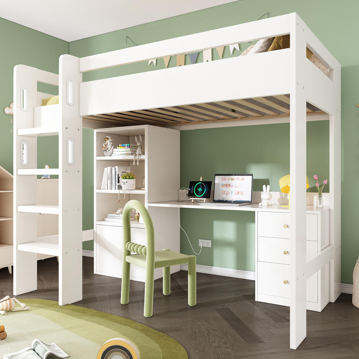 KINDEREINZELBETTEN aus MDF und Spanplatte 90x200 cm in Weiß mit Schreibtisch & USB/Type-C - Weiß, Holzwerkstoff (90/200cm) - Modfu