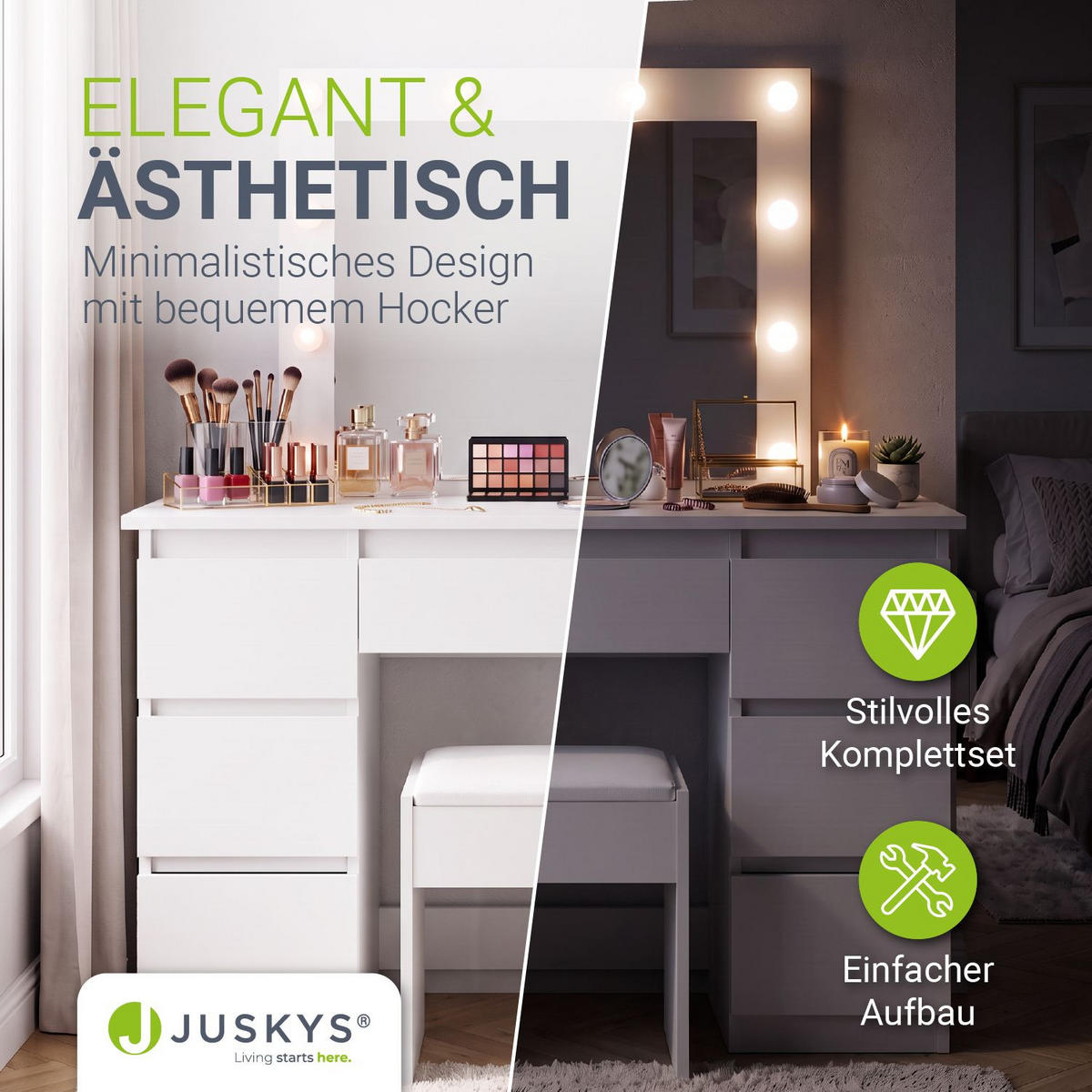 SCHMINKTISCH Talea mit LED (3 Lichtstufen) inkl Hocker Melly - Weiß, Holz (110/141/40cm) - Juskys