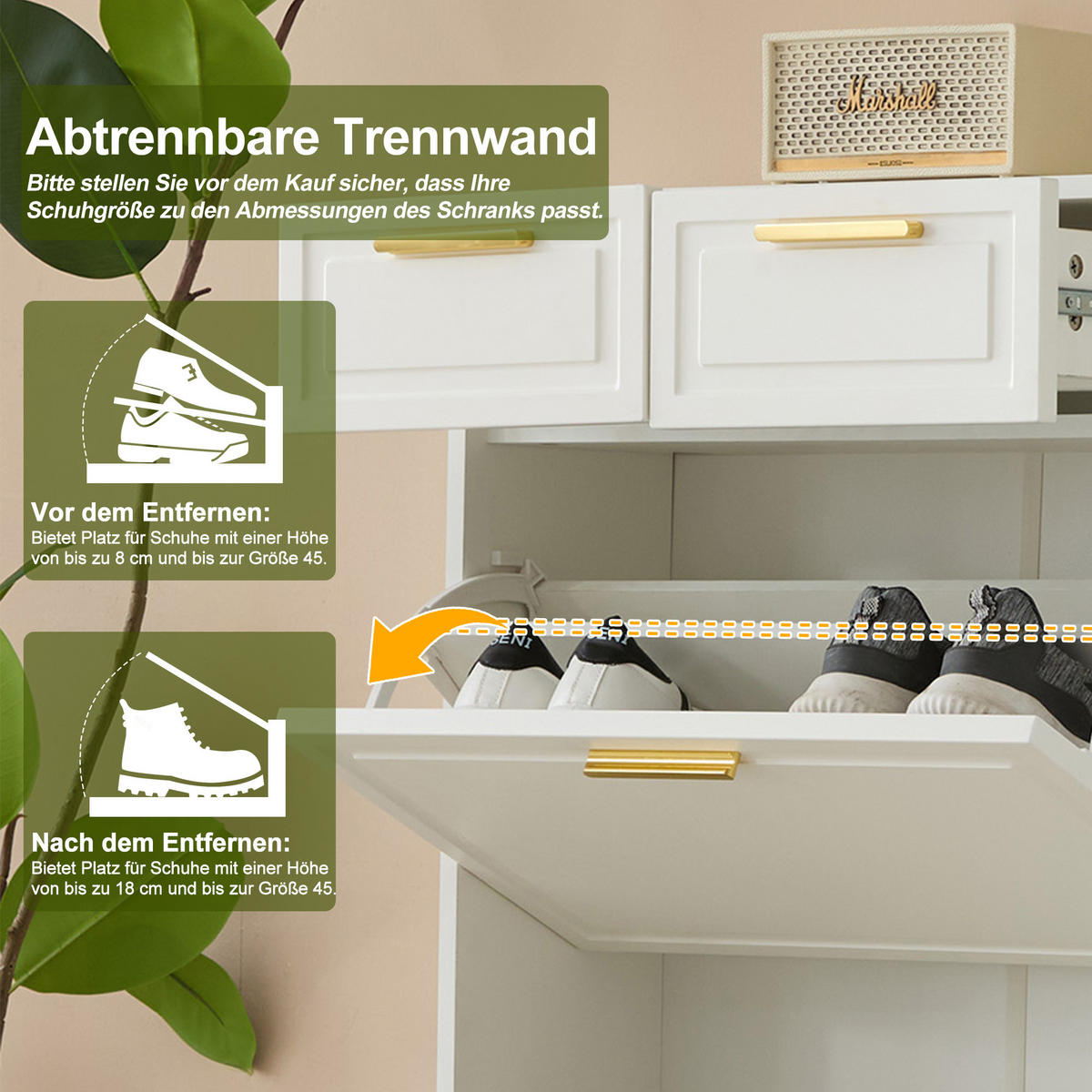 SCHUHSCHRANK in Weiß Schuhkommode mit verstellbaren Regalen goldenen Griffen Schubladen Klapptüren , B95/T24/H107cm - Weiß, Holzwerkstoff (95/107/24cm) - STILVORA