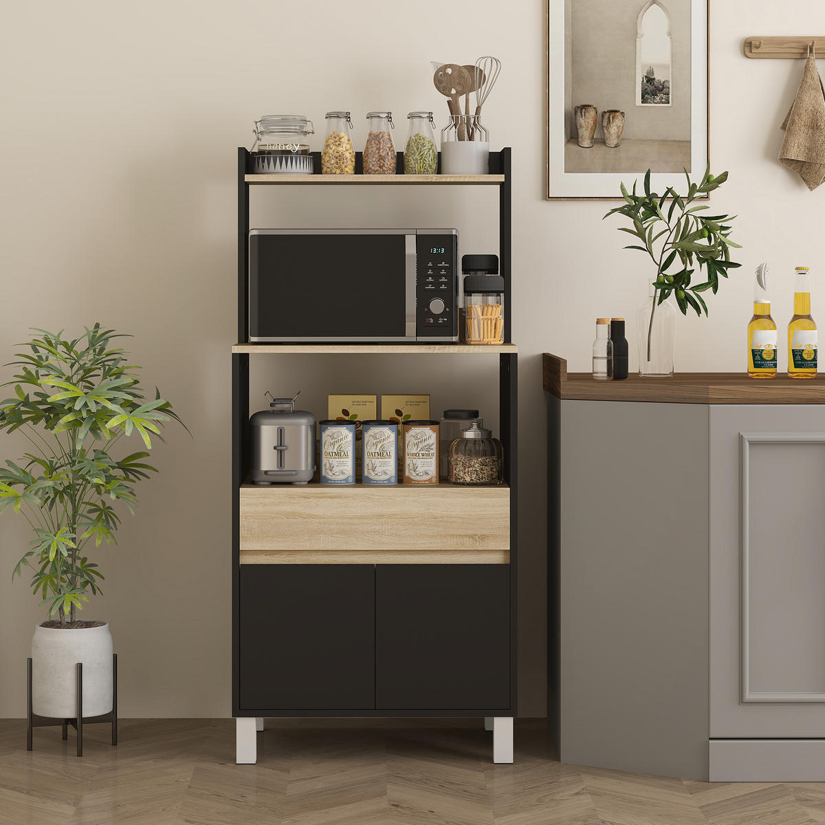 MIKROWELLENUNTERSCHRANK DE-11230 Mit Schublade Eiche/Schwarz - Schwarz, Holzwerkstoff (40/131/60cm) - ComfortXL
