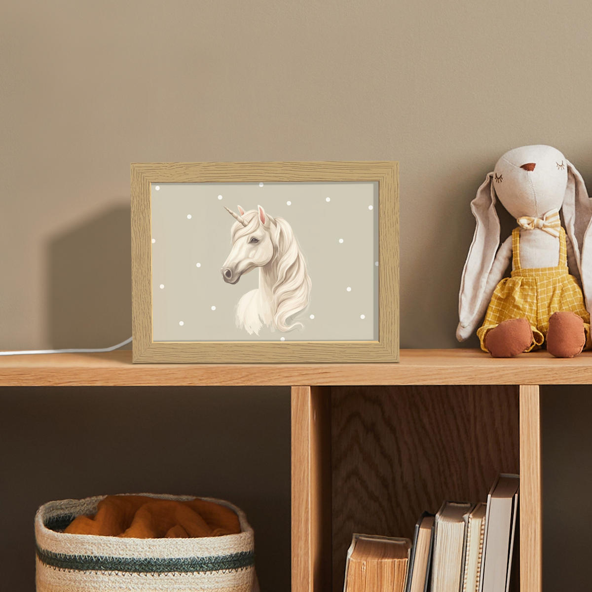 NACHTTISCHLAMPE Einhorn - Weiß - Punkte 20x15 cm - Taupe, Holzwerkstoff (8/20/15cm)