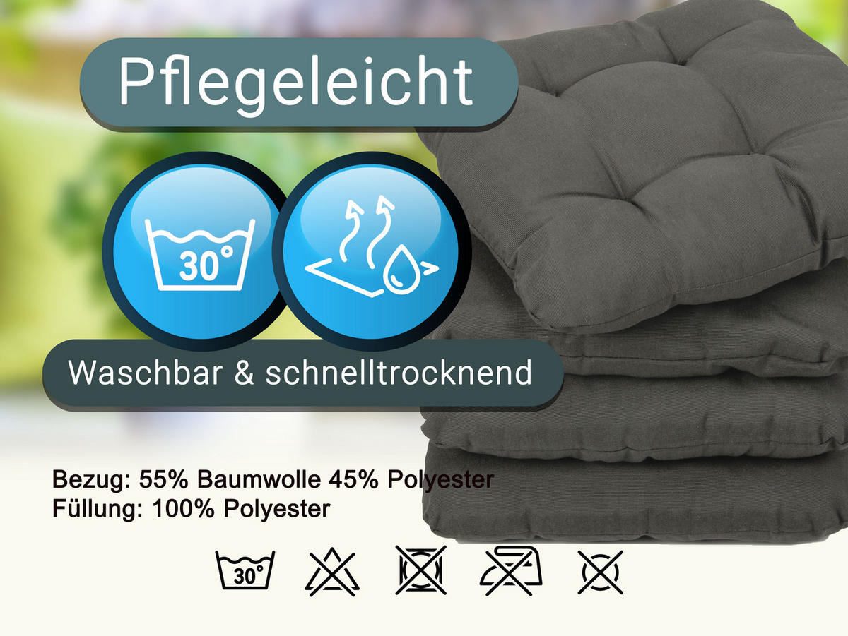 STUHLKISSEN, 4er-Set, 55% Baumwolle, 45% Polyester - Graphitfarben, Textil (38/38/6cm) - Zollner