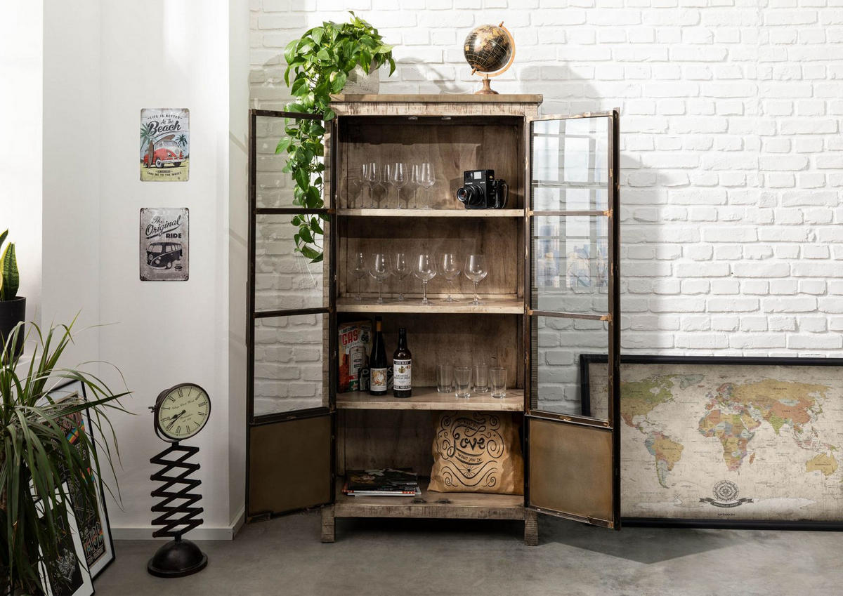VITRINE Mango 90x40x180 braun lackiert HEAVY INDUSTRY #241 - Braun, Holz (90/180/40cm) - Massivmoebel24