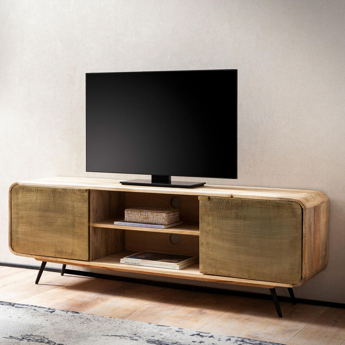 LOWBOARD Mango Massivholz Modern Stil 160x55x41 cm mit punzierten Türen - Schwarz/Braun, Holz/Metall (160/55/41cm) - KADIMA DESIGN