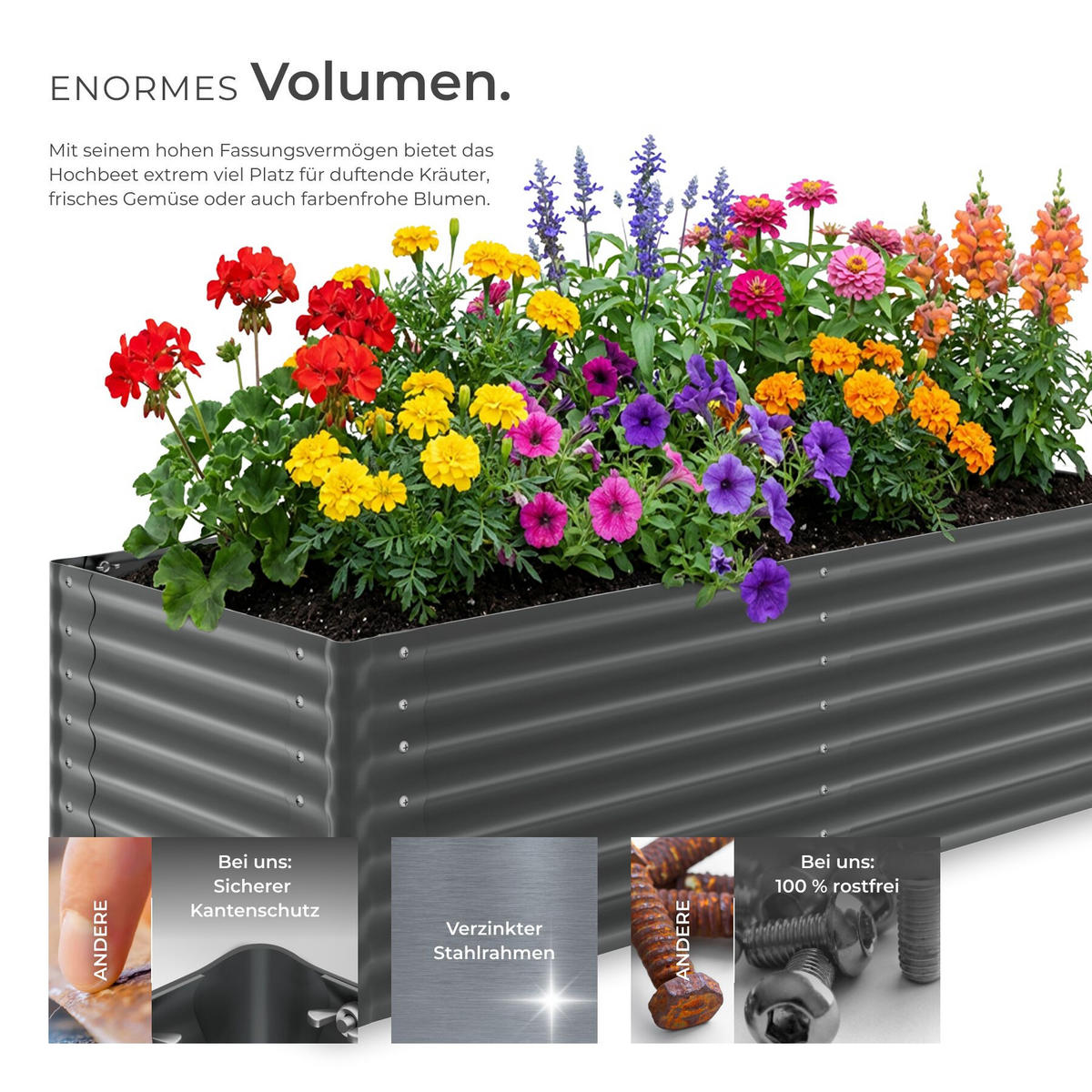 HOCHBEET Blomma, mit offenem Boden und abgerundeten Kanten, anthrazit - Anthrazit, Metall (80/62/200cm) - tectake