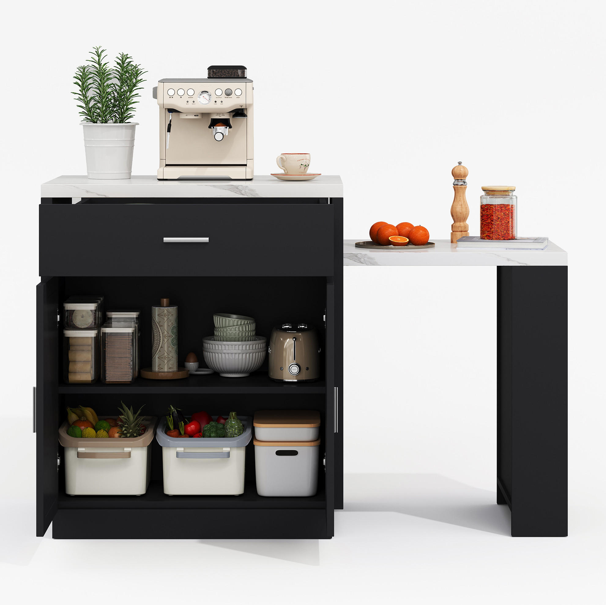 KÜCHENINSEL 211/89,5/55 cm Schwarz aus MDF mit ausziehbarem Esstisch - Schwarz, Holzwerkstoff (55/89.5/211cm) - OKMYHOME