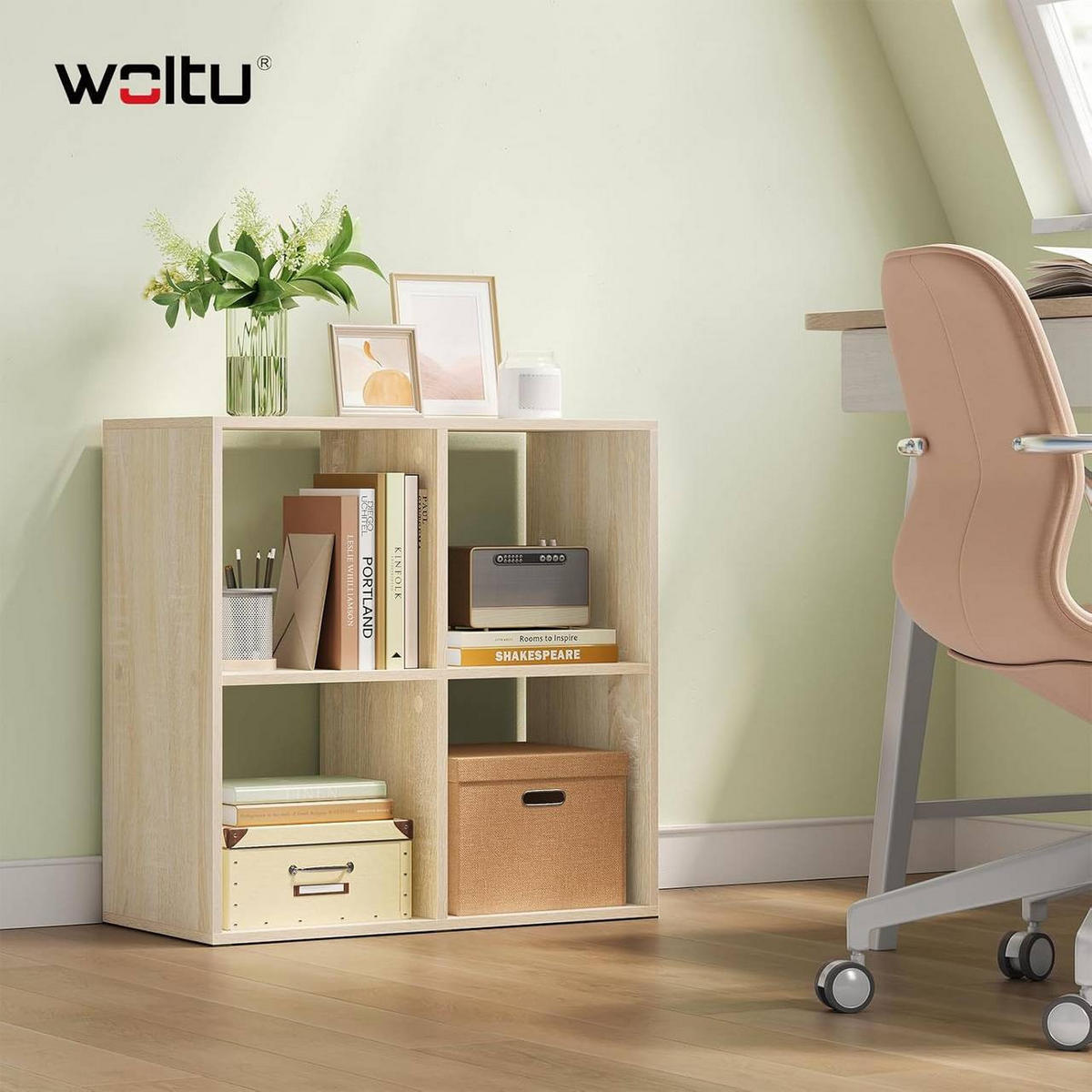 REGALE Bücherregal mit 4 offenen Fächern, 60x60x29 cm, Helle Eiche - Eichefarben, Holzwerkstoff/Kunststoff (60/60/29cm) - Woltu