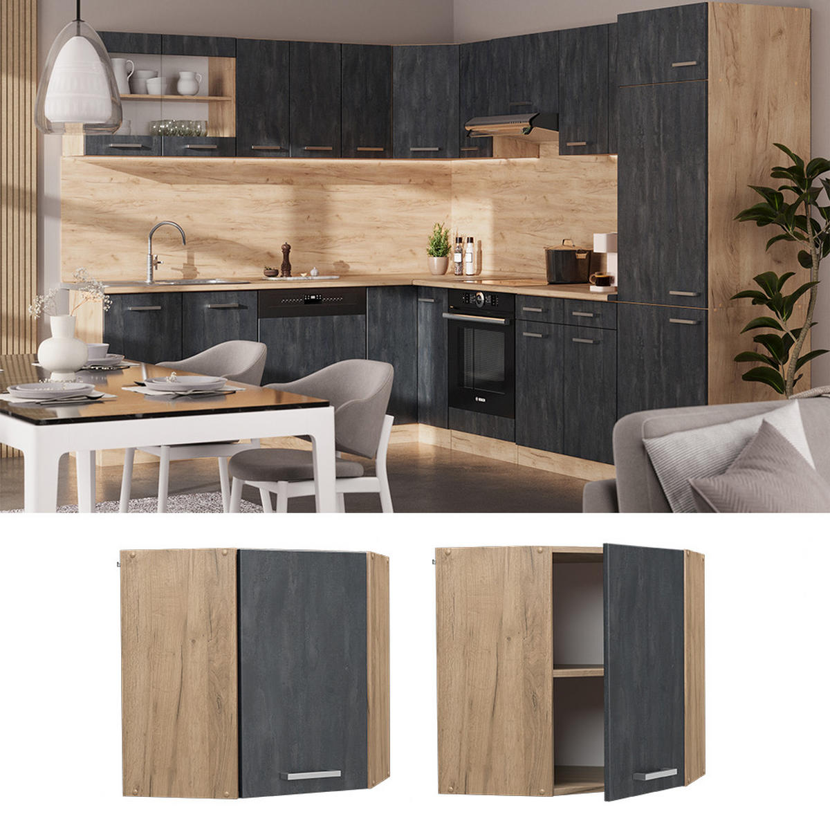 ECKHÄNGESCHRANK R-Line Schwarz Beton 57 cm - Honigeiche/Eiche Wotan, Holzwerkstoff (57/60/34.1cm) - Vicco