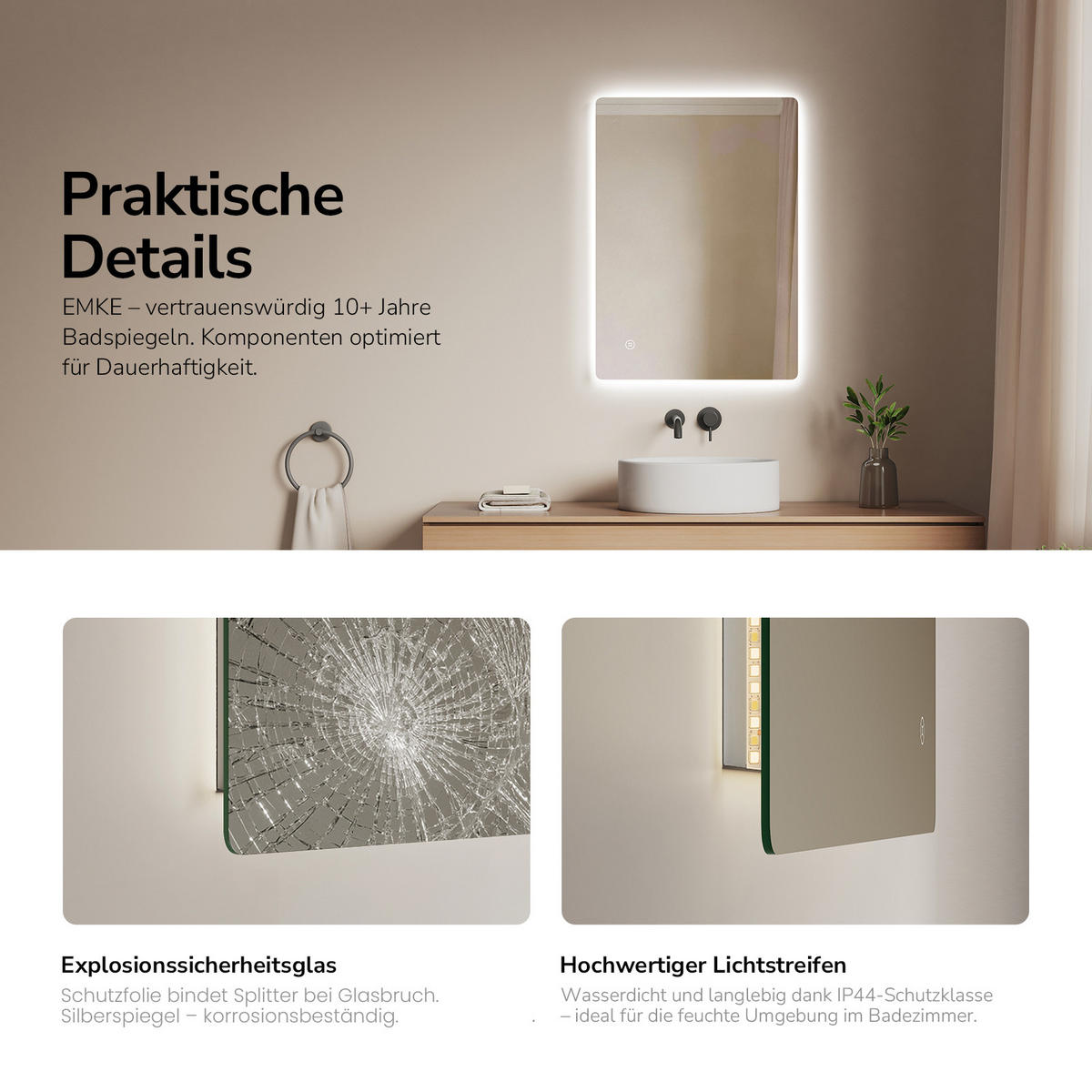 OGLINDA de baie cu LED-uri 70/50 cm - transparent, sticlă/metal (50/50/3cm) - EMKE