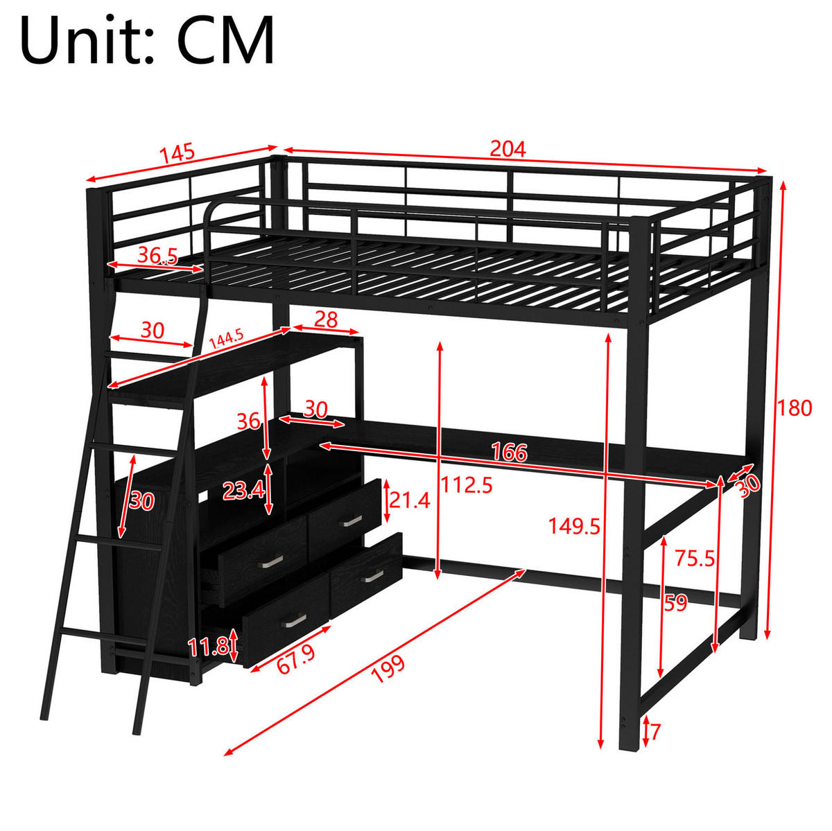 HOCHBETT 140/200 cm aus Metall und MDF mit L-förmigem Schreibtisch und 4 Schubladen Schwarz - Schwarz, Metall (140/200cm) - Modenvie