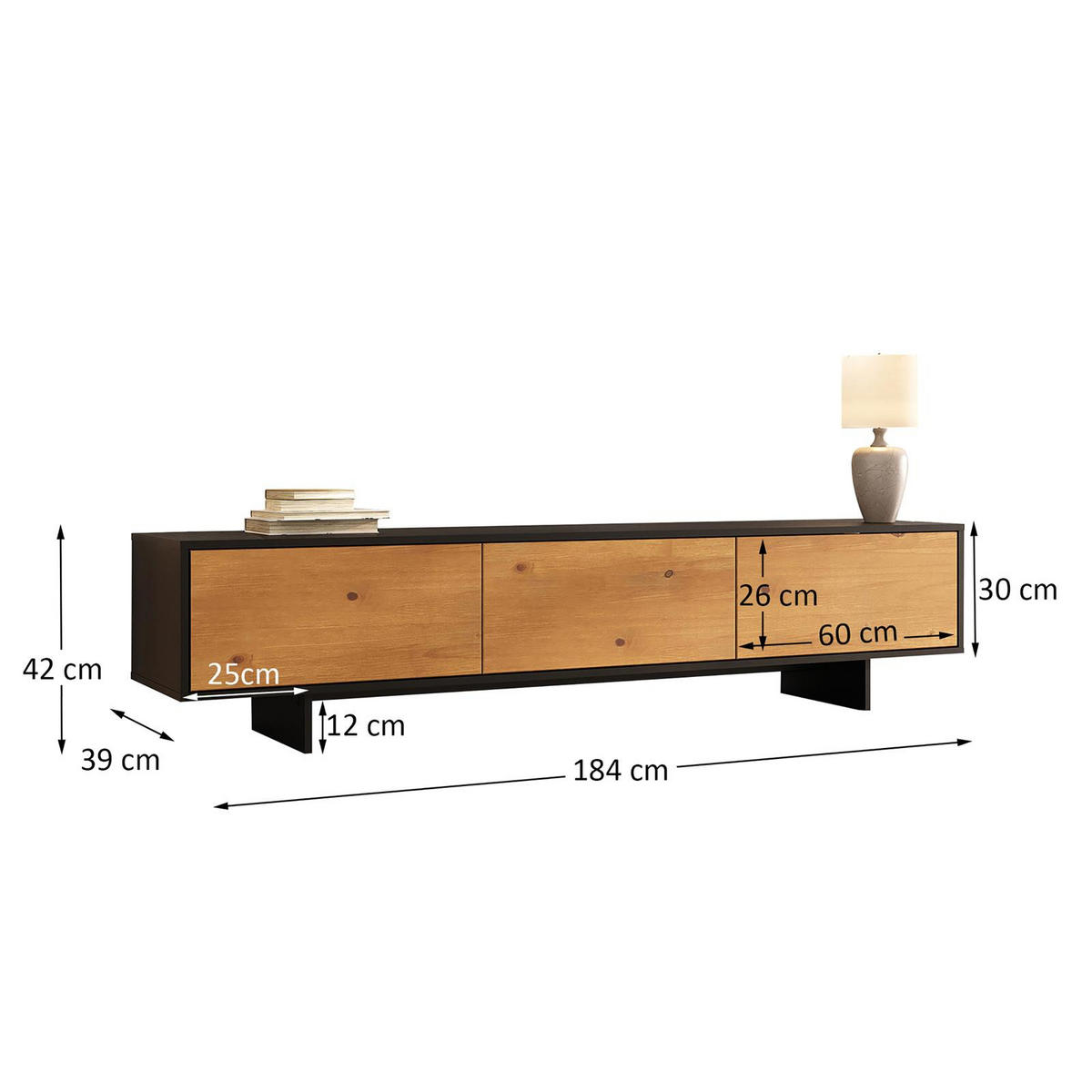 LOWBOARD ARTO schwarz/Eiche - Eichefarben/Schwarz, Holz (184/42/39cm) - IDIMEX