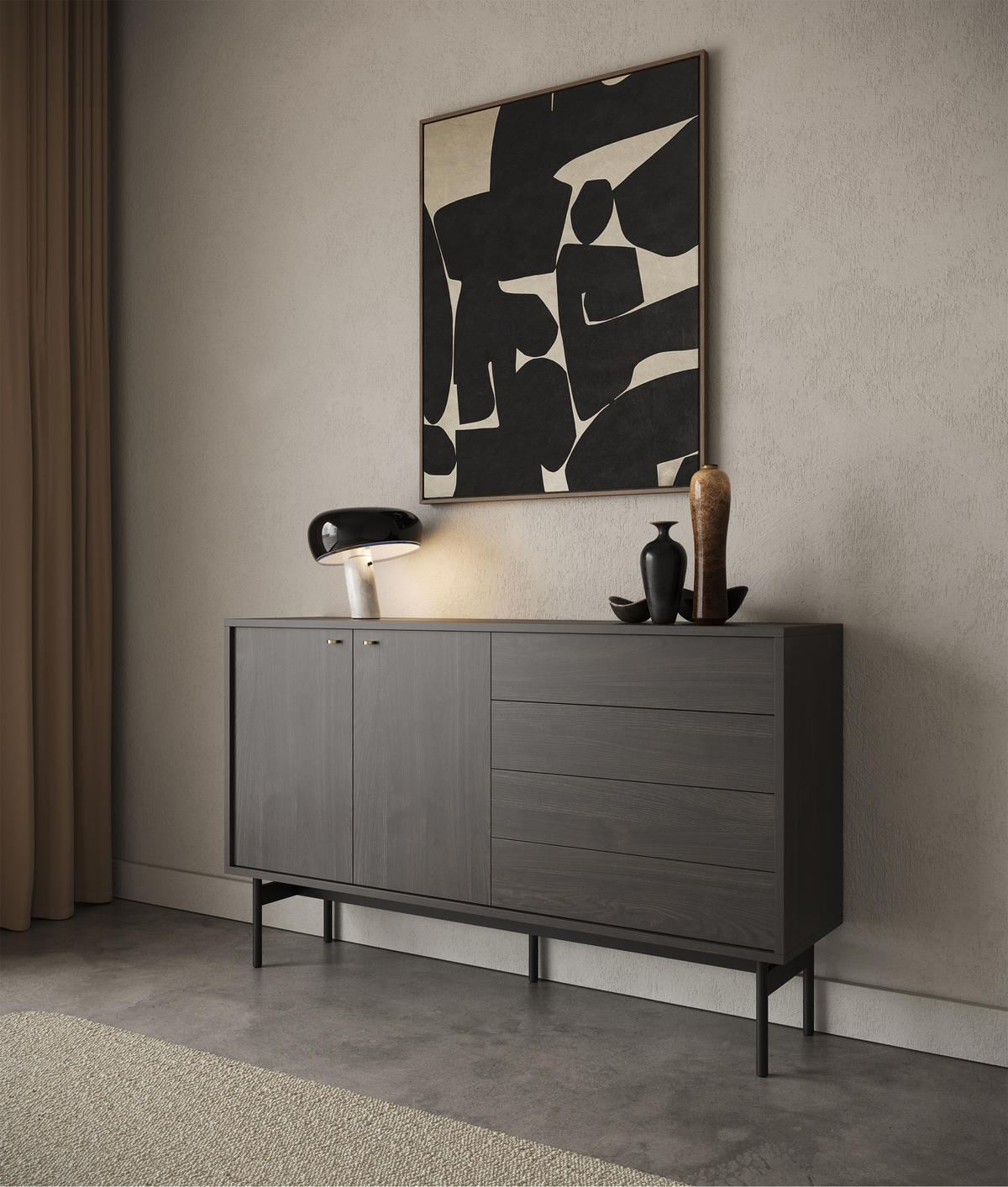 SIDEBOARD Olar Holzoptik Esche Portland Schwarz 154 cm - Goldfarben/Schwarz, Holzwerkstoff/Metall (154/92.5/38cm) - Selsey
