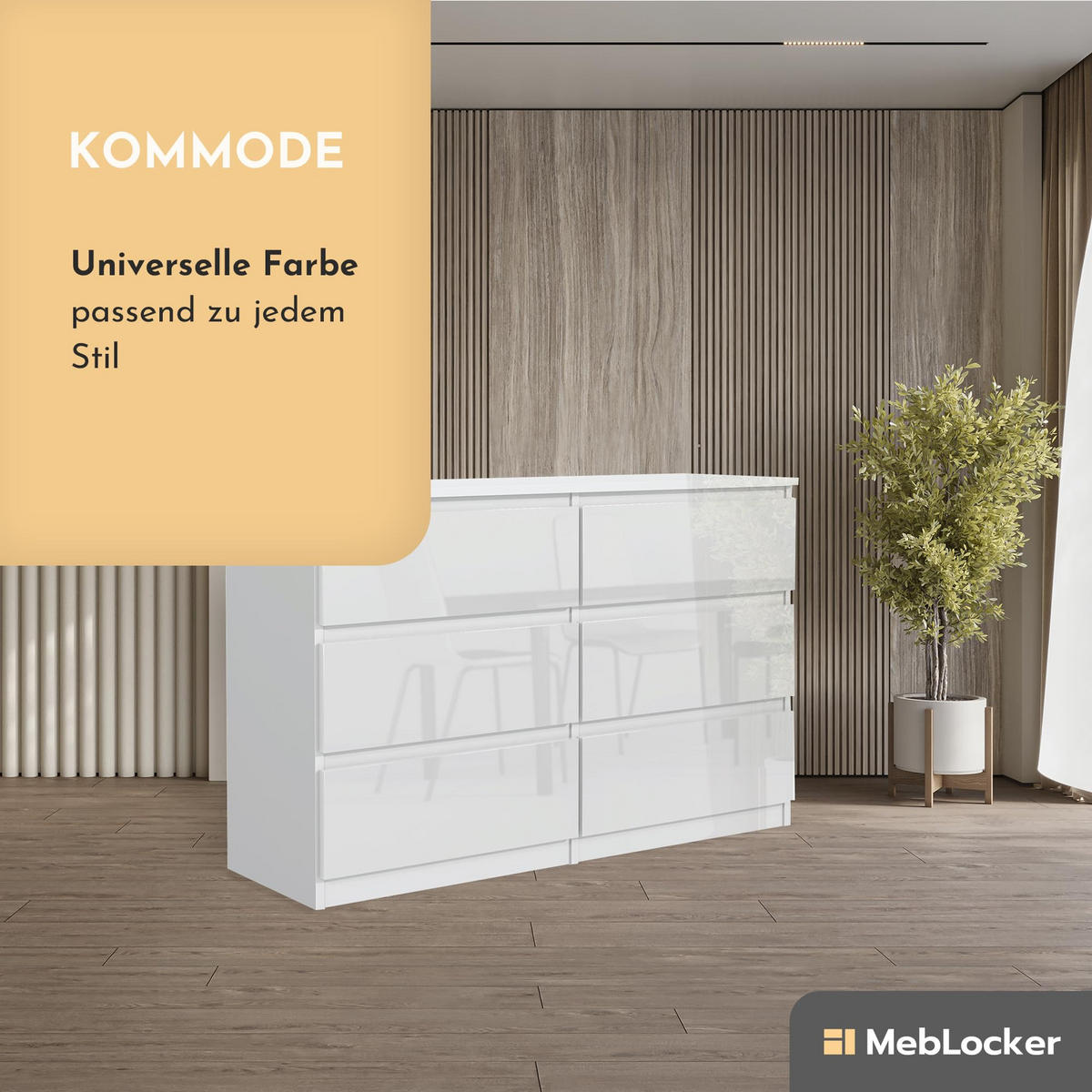 KOMMODE mit 6 Schubladen 120 cm Weiß mit HochglanzFronte - Weiß Hochglanz, Holzwerkstoff (120/78.5/39cm) - MebLocker