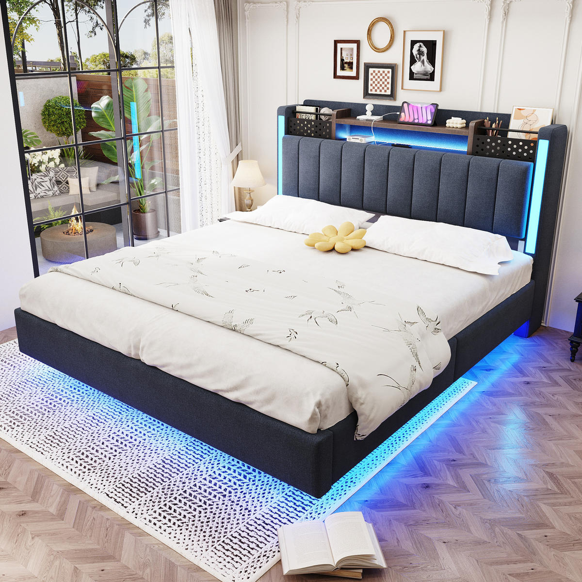 POLSTERBETT 140/200 cm grau aus Leinenstoff mit LED und USB-Anschluss mit Stauraum - Grau, Textil (140/200cm) - OKWISH