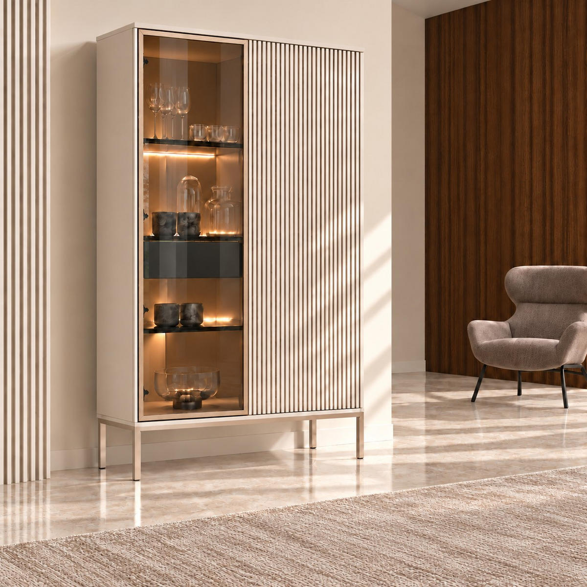 VITRINE Laval WTSZ104 – Kaschmir, mit LED-Beleuchtung - Kaschmir, Glas/Holzwerkstoff (104/166/39cm) - Komodee