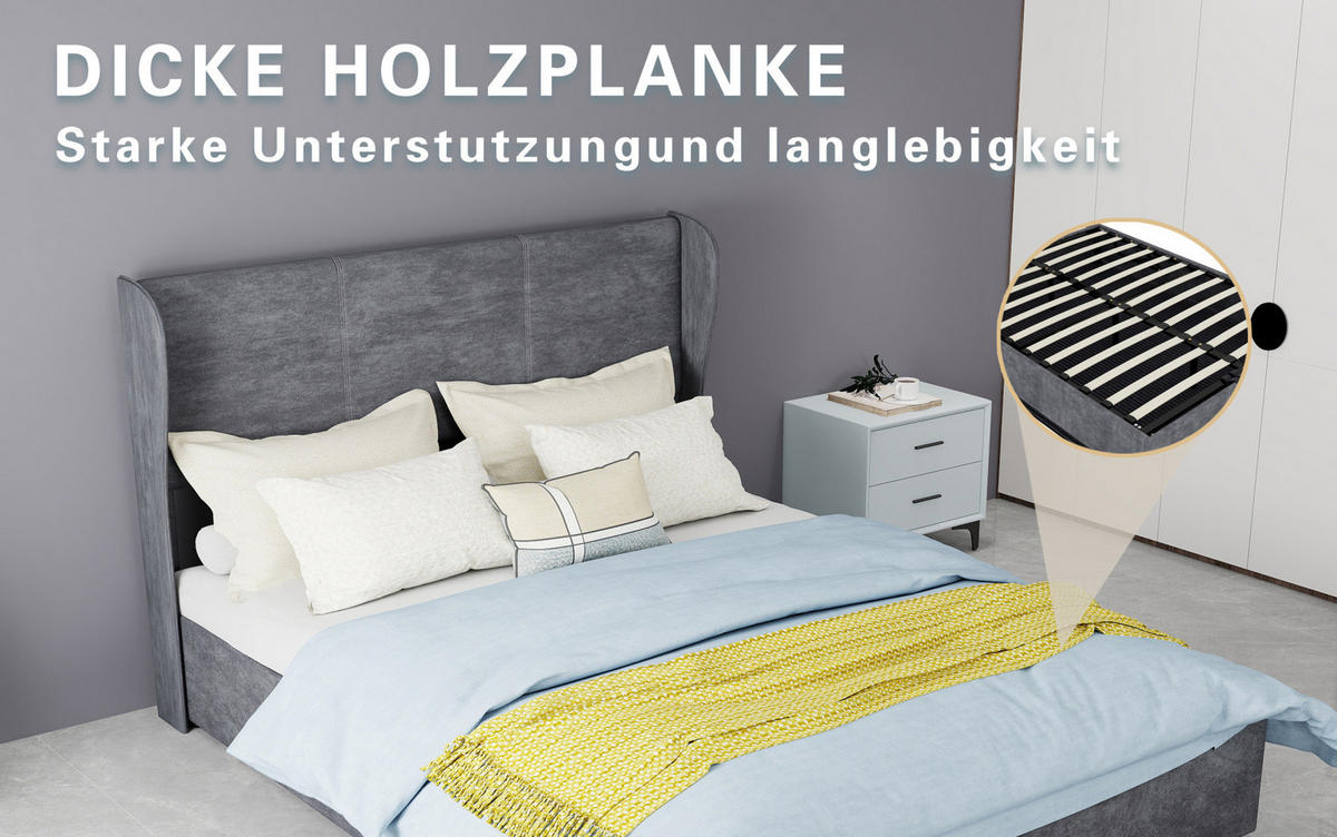 POLSTERBETT 140/200 cm mit Gaslift, modernem Design und stabilem Bettrahmen, Grau - Grau, Textil (140/200cm) - Redom