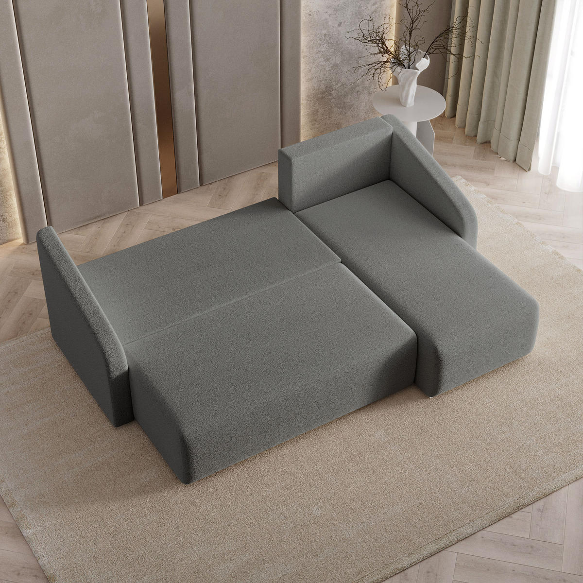 ECKSOFA MARELLO Grau Boucle-Stoff mit Schlaffunktion - Grau, Holz (220/143cm) - MASSENO
