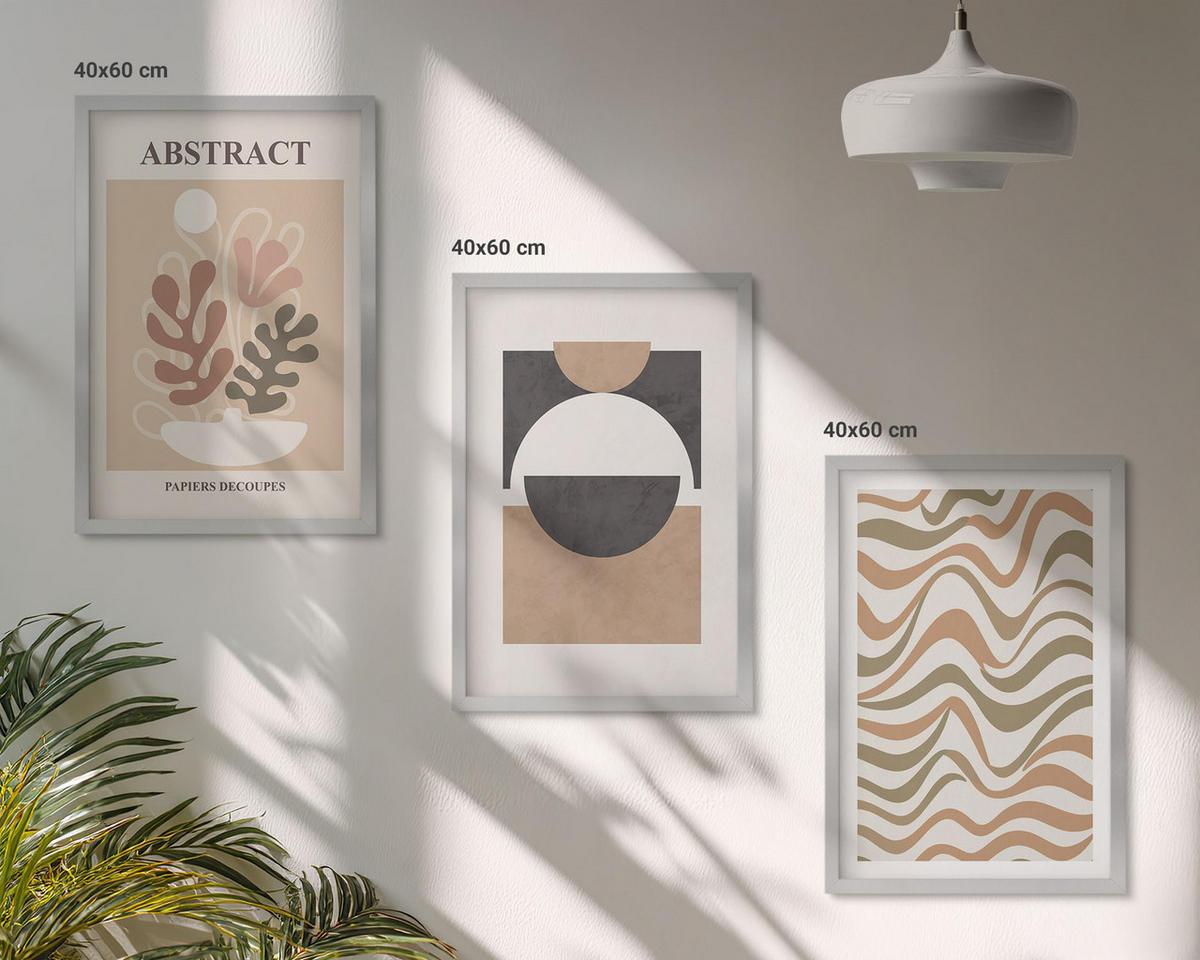WANDBILDER 3er Set - 40x60 cm Silberner Rahmen - Abstrakte Formenmuster - Silberfarben, Kunststoff (40/60cm) - ArtPrintCave