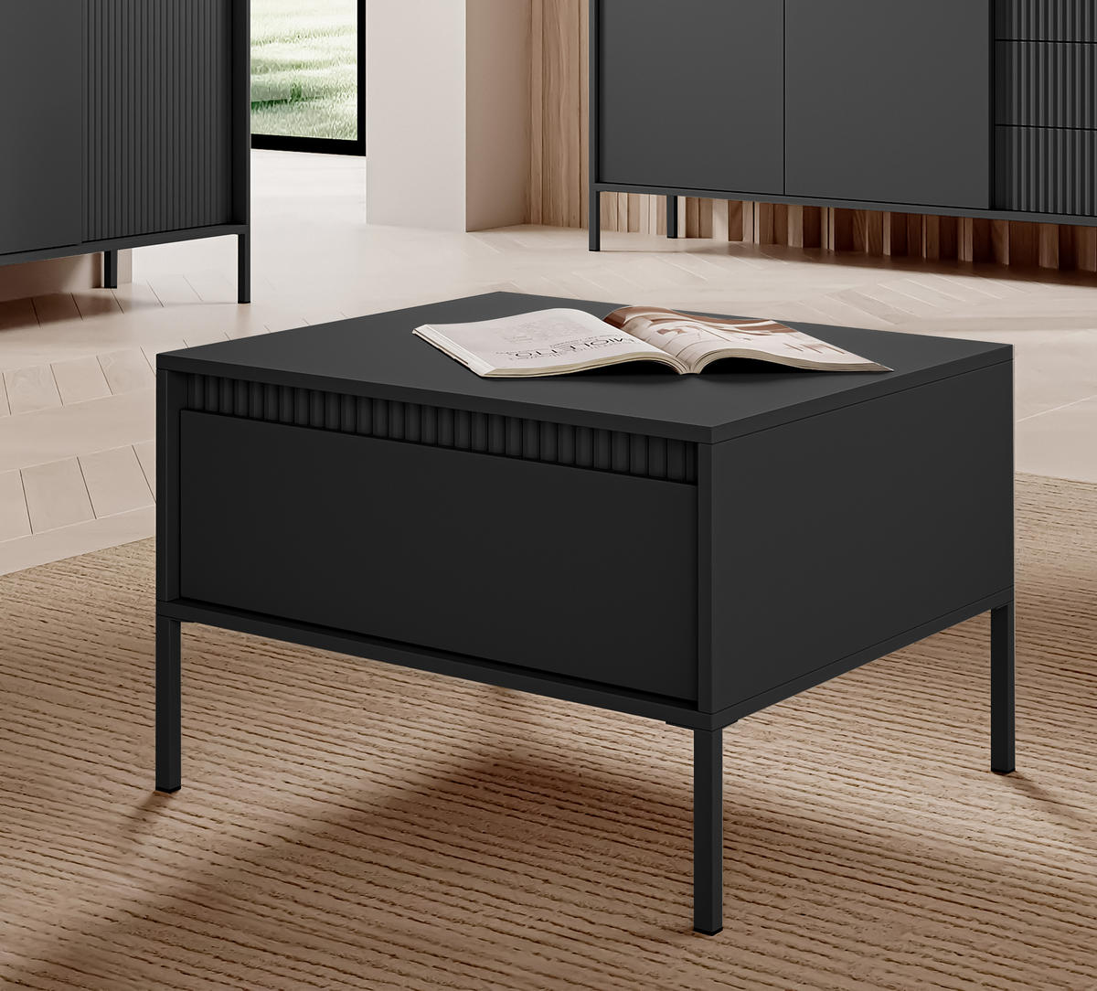 COUCHTISCH Trentinis 1S Schwarz 68/48,4/68 cm – Geriffelten Fronten - Schwarz, Holzwerkstoff/Metall (68/68/48.4cm) - AX Living