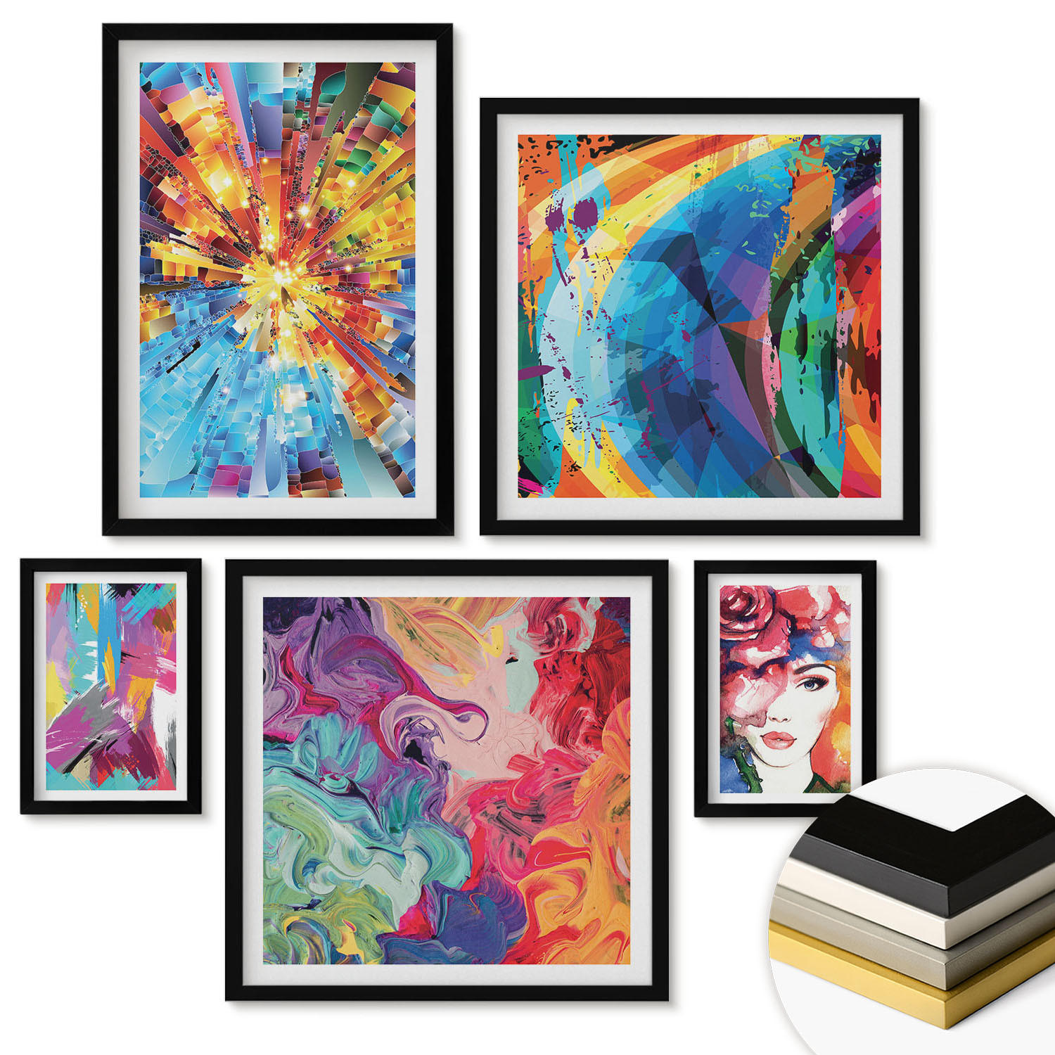 WANDBILDER 5er-Set - 50x50 cm & 20x30 cm & 40x60 cm Schwarzer Rahmen - Minimalistische Boho-Illustrationen - Schwarz, Kunststoff (40/60cm) - ArtPrintCave