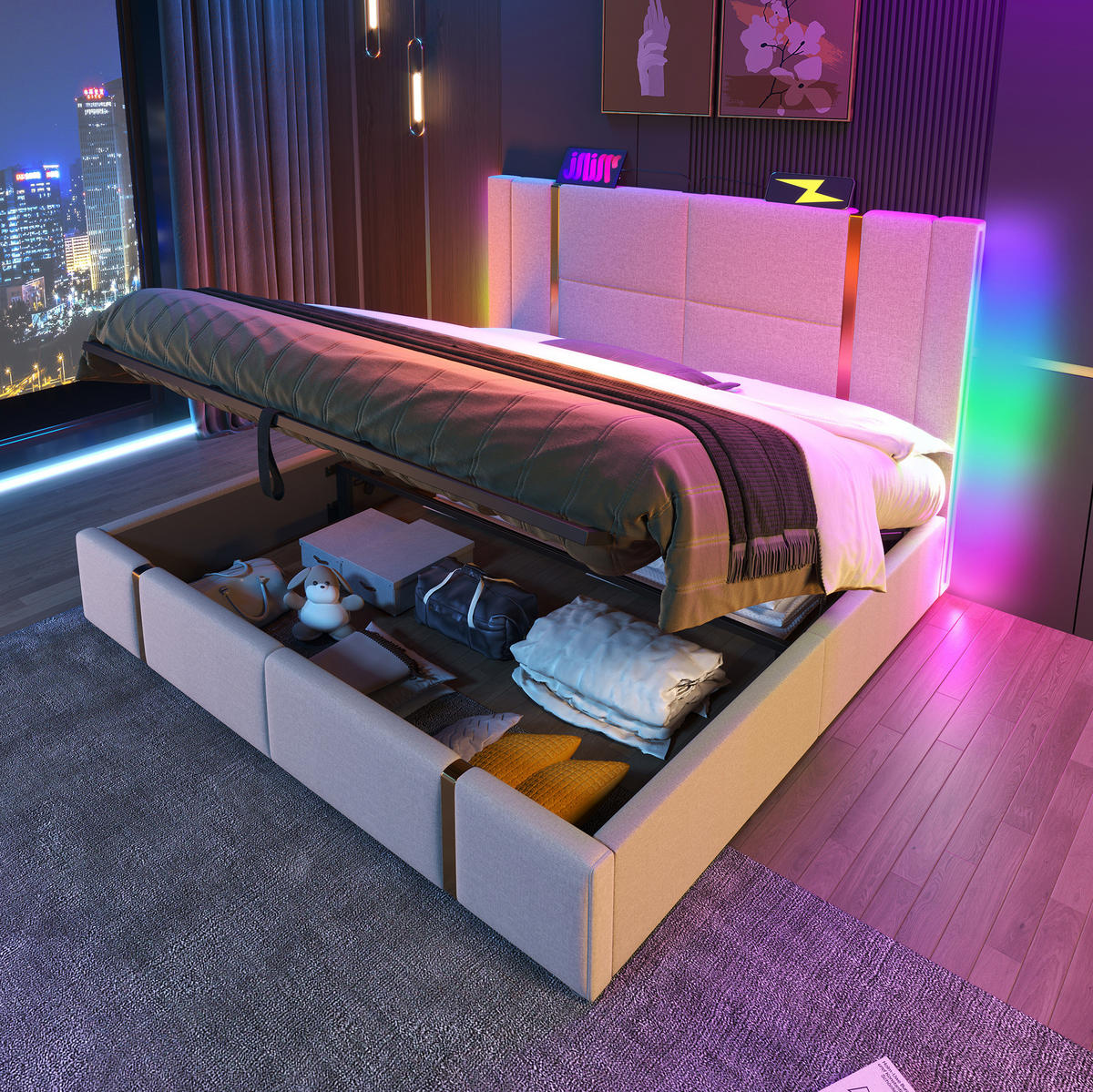 BETT mit Stauraum LED und Ladefunktion 140x200 cm Leinen Beige - Beige, Metall (140/200cm) - Meubliv