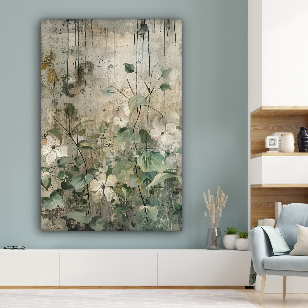 LEINWANDBILD Blumen - Blätter - Abstrakt - Modern Deko Groß 90x140 cm - Grau, Textil (90/140cm) - MuchoWow