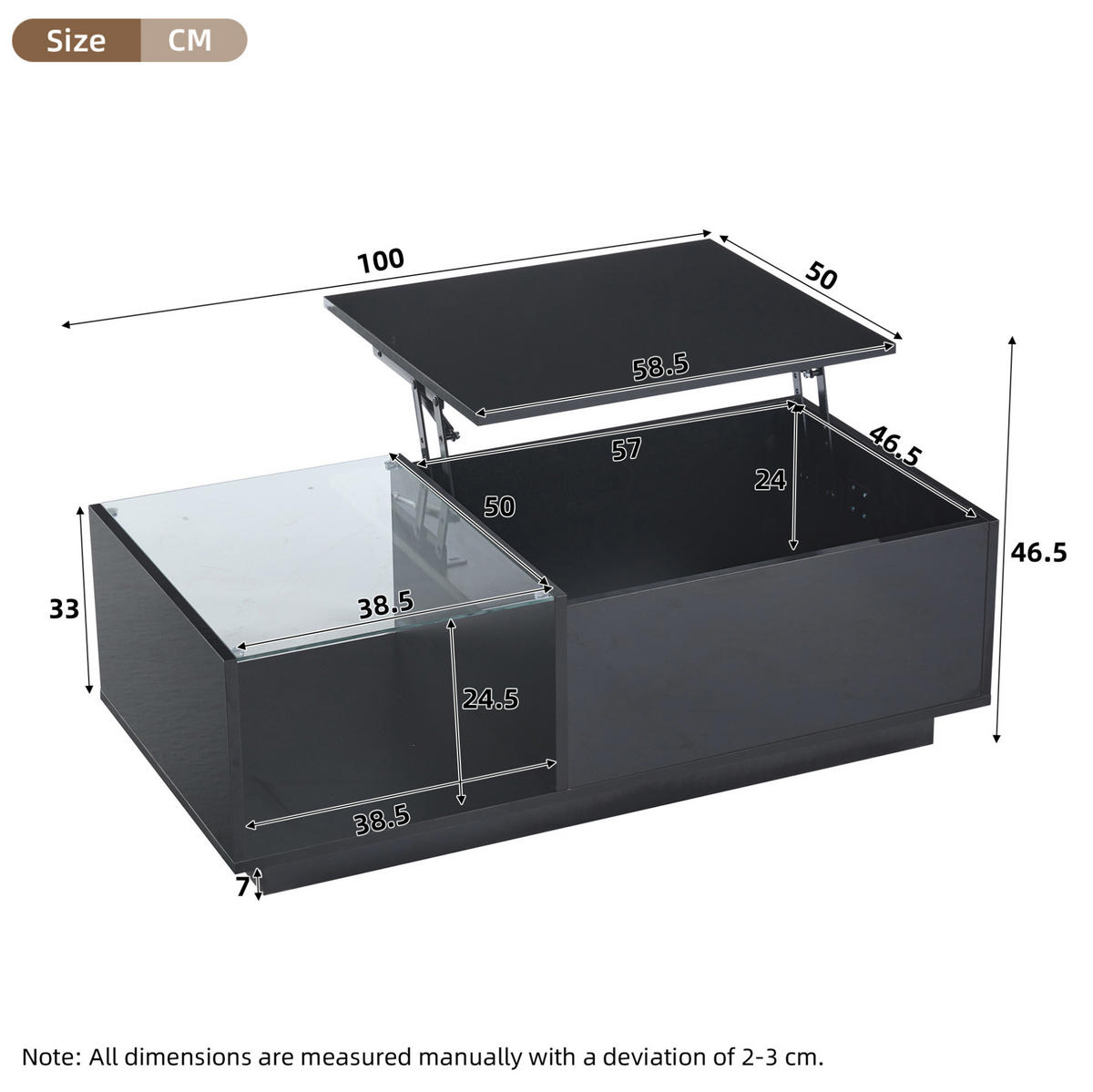 COUCHTISCH 100/50/33-46,5 cm mit LED-Beleuchtung und Stauraum, höhenverstellbar - Schwarz, Holzwerkstoff (100/50/33cm) - Flora Grace
