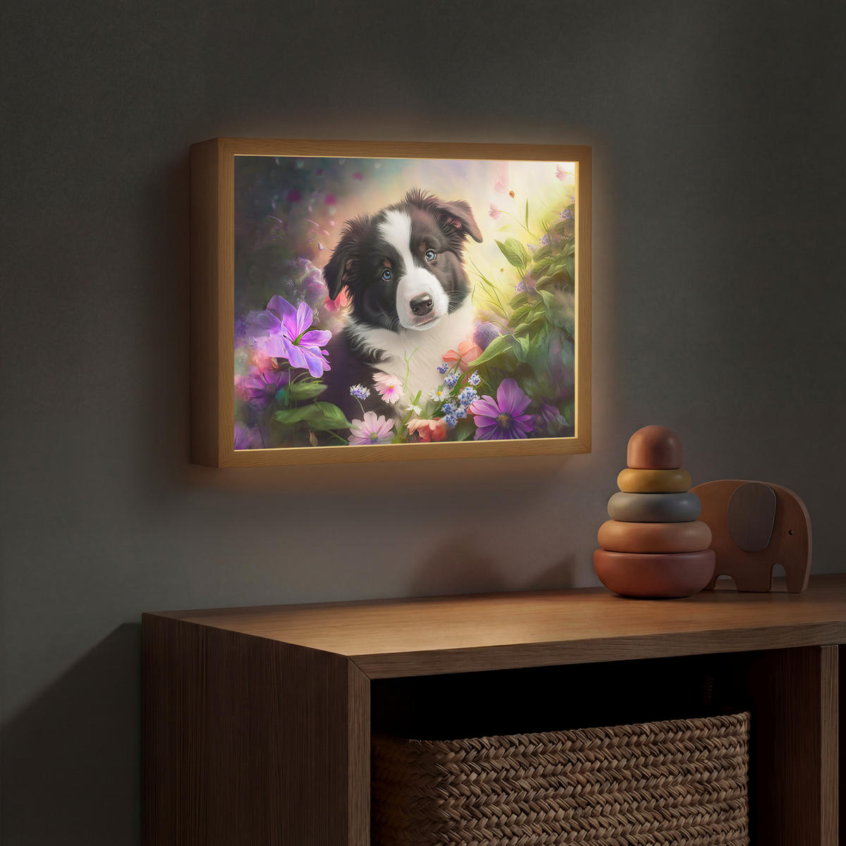 DOBÍJECÍ NOČNÍ LAMPIČKA Štěně - Slunce - Květiny - Příroda - Border kolie - Pes 40x30 cm - fialová, kompozitní dřevo (8/40/30cm) - OnlyWow