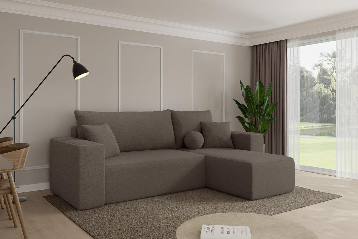 ROHOVÁ SEDAČKA s funkcí spaní, otoman vpravo SENO-L 249x139x85 hnědá bouclé - černá/hnědá, kompozitní dřevo/textil (249/139cm) - ALTDECOR