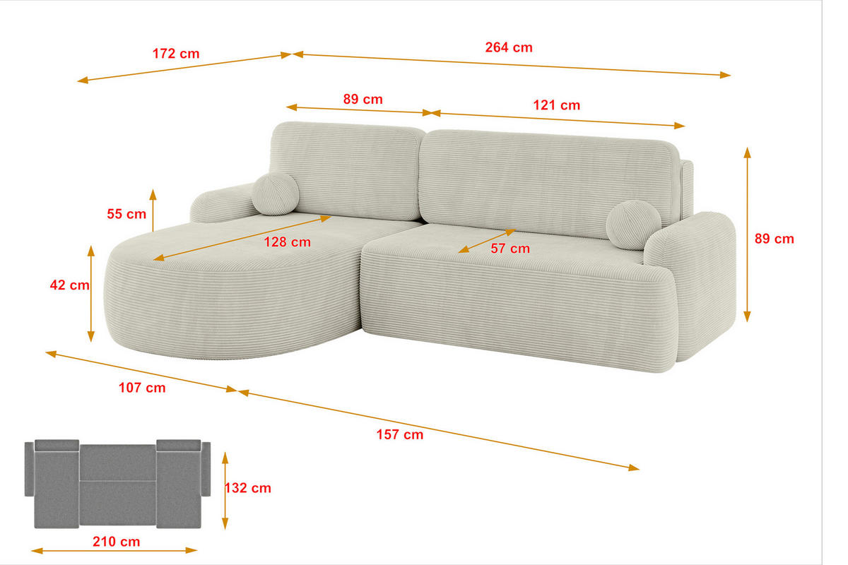 ECKSOFA mit Schlaffunktion und Bettkasten LIRA-L - 264x172x89 Hellgrau - Hellgrau, Holzwerkstoff/Textil (264/172cm) - ALTDECOR