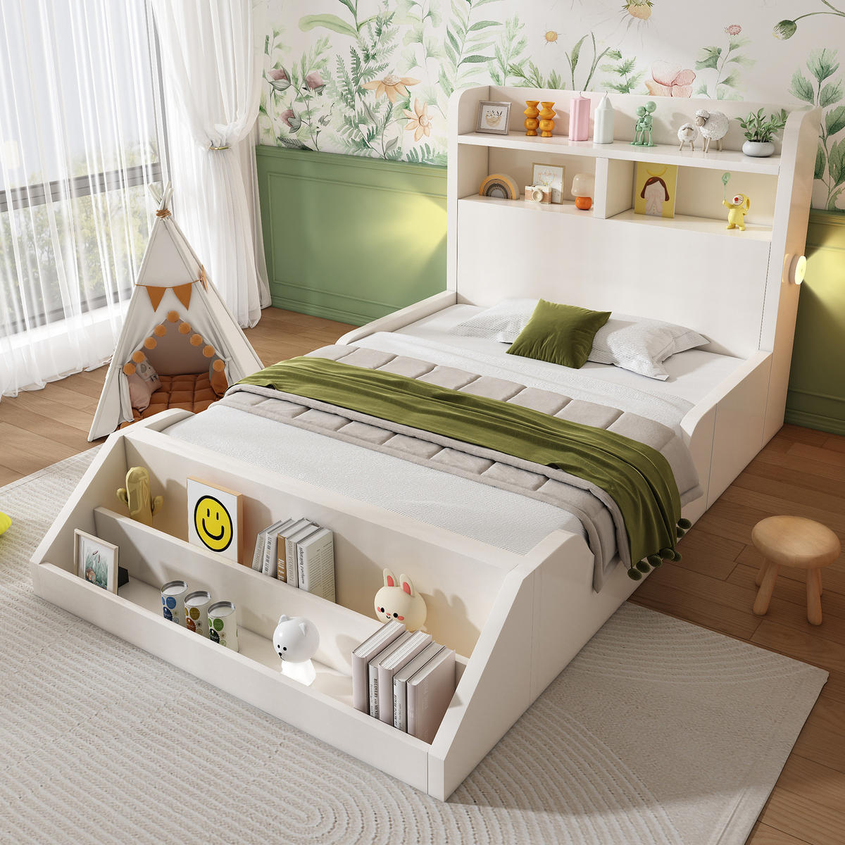 KINDERBETT 90/200 cm in Weiß mit Bücherregal, Ablagen und Nachtlichtern - Weiß, Holzwerkstoff (90/200cm) - BEAOK