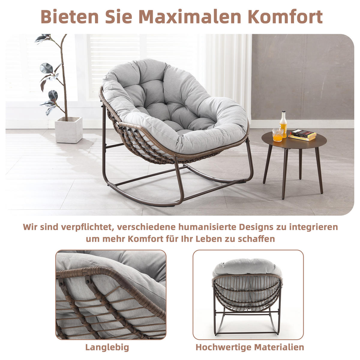 SCHAUKELSTUHL Schaukelsessel Garten,Rattanstuhl mit Stahlrahmen,Grau-Polyester - Hellgrau, Metall (94.5/80/111cm) - LVHOM