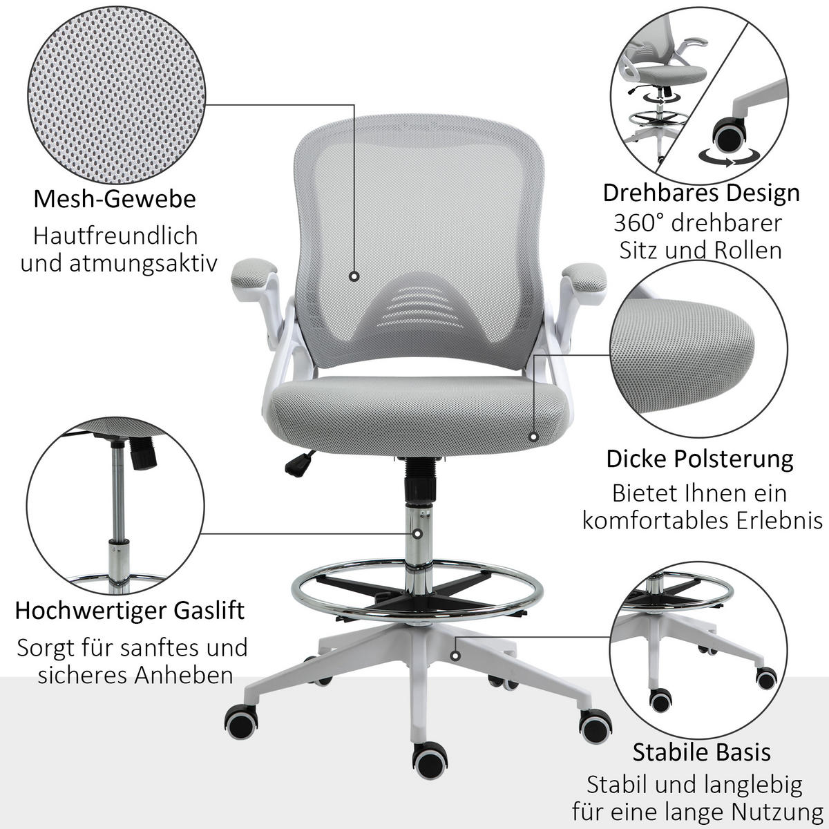 BÜROSTUHL Ergonomischer Schreibtischstuhl Hellgrau - Hellgrau, Kunststoff (64/126/60cm) - Vinsetto