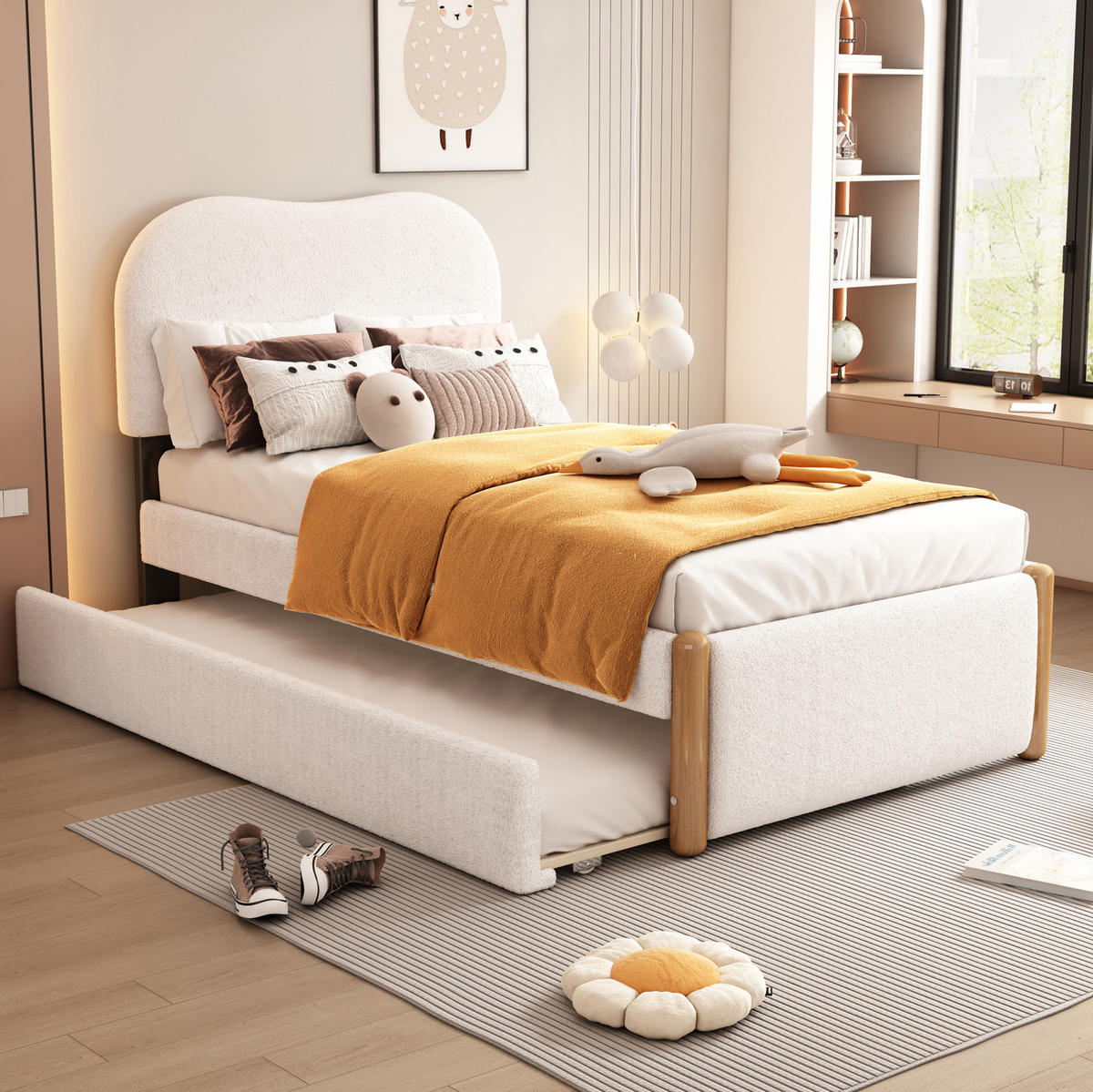 POLSTERBETT 90/200 cm aus Plüsch und MDF mit ausziehbarem Rollbett Weiß - Weiß, Textil (90/200cm) - Modenvie