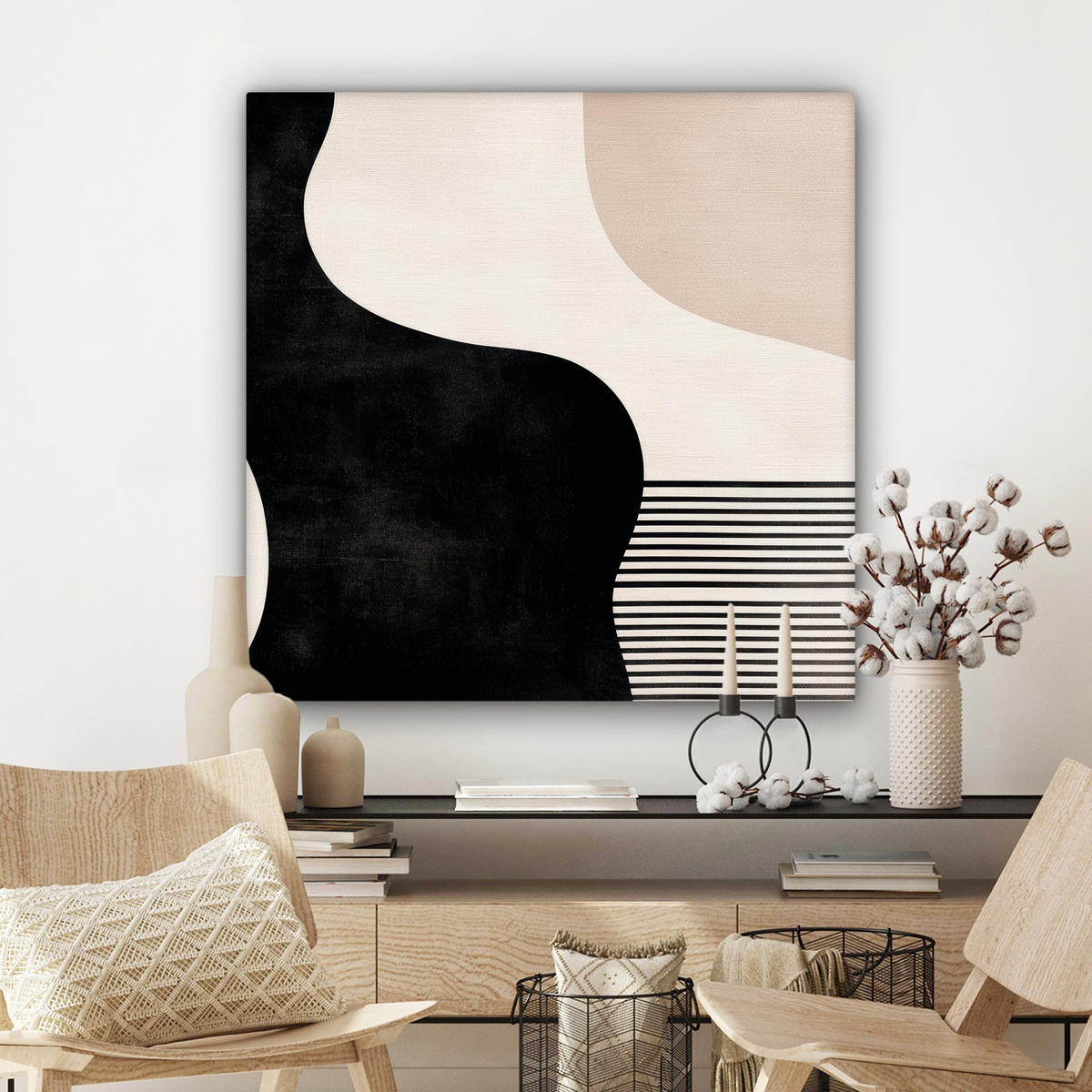 LEINWANDBILD Abstrakt - Japandi - Beige - Modern Deko Groß 90x90 cm - Schwarz, Textil (90/90cm) - MuchoWow