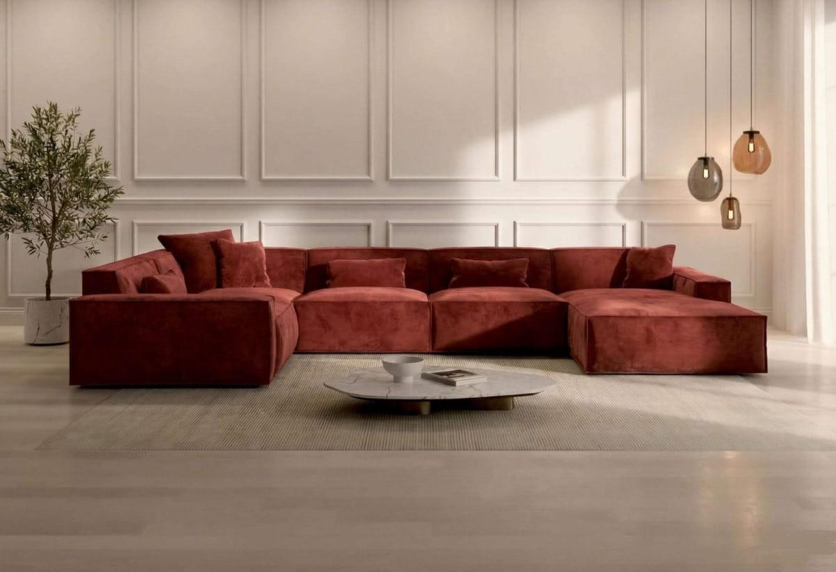 WOHNLANDSCHAFT Beluga Rot Samtstoff - Rot, Kunststoff (313/73/181cm)