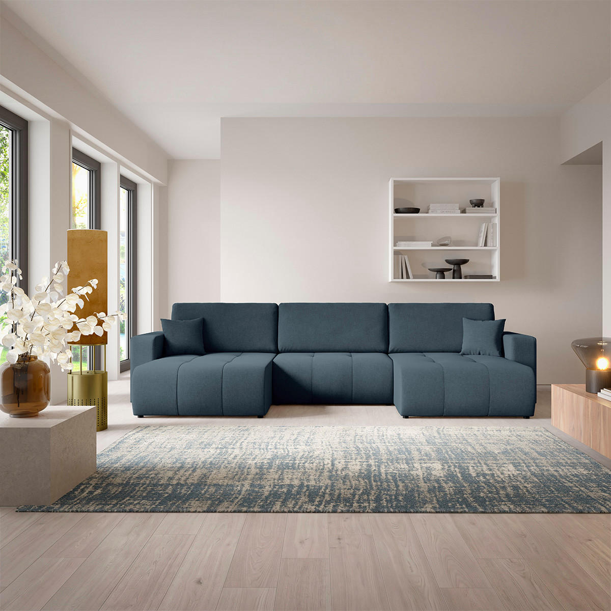 PANORAMASOFA Giulia 5 Sitzplätze Blau - Blau, Holz (344/82/149cm) - Petits-meubles