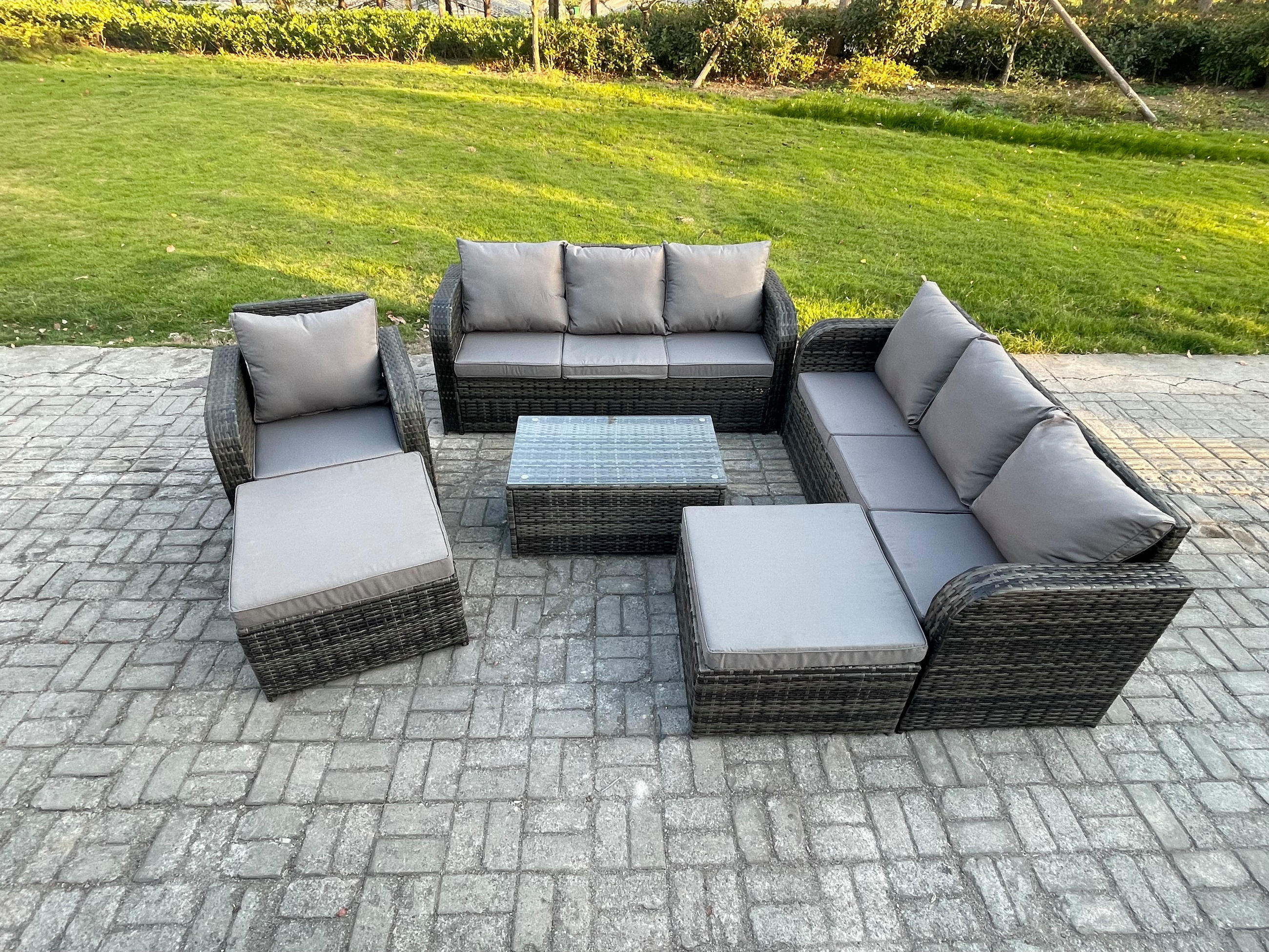 GARTENMÖBELGARNITUR mit KISSEN Polyrattan Dunkelgrau 9-Sitzer - Dunkelgrau/Grau, Glas/Kunststoff - Fimous