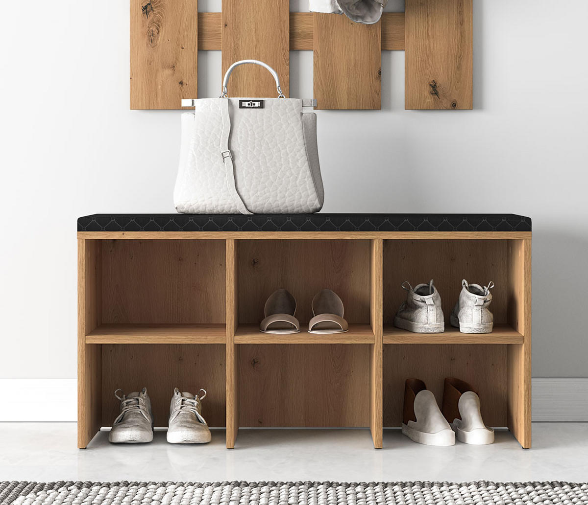 SCHUHBANK Renes Eiche Artisan / Schwarz 96 / 34 / 51 cm - Hellbraun/Schwarz, Holz/Holzwerkstoff (96/51/34cm) - Feldmann-Wohnen