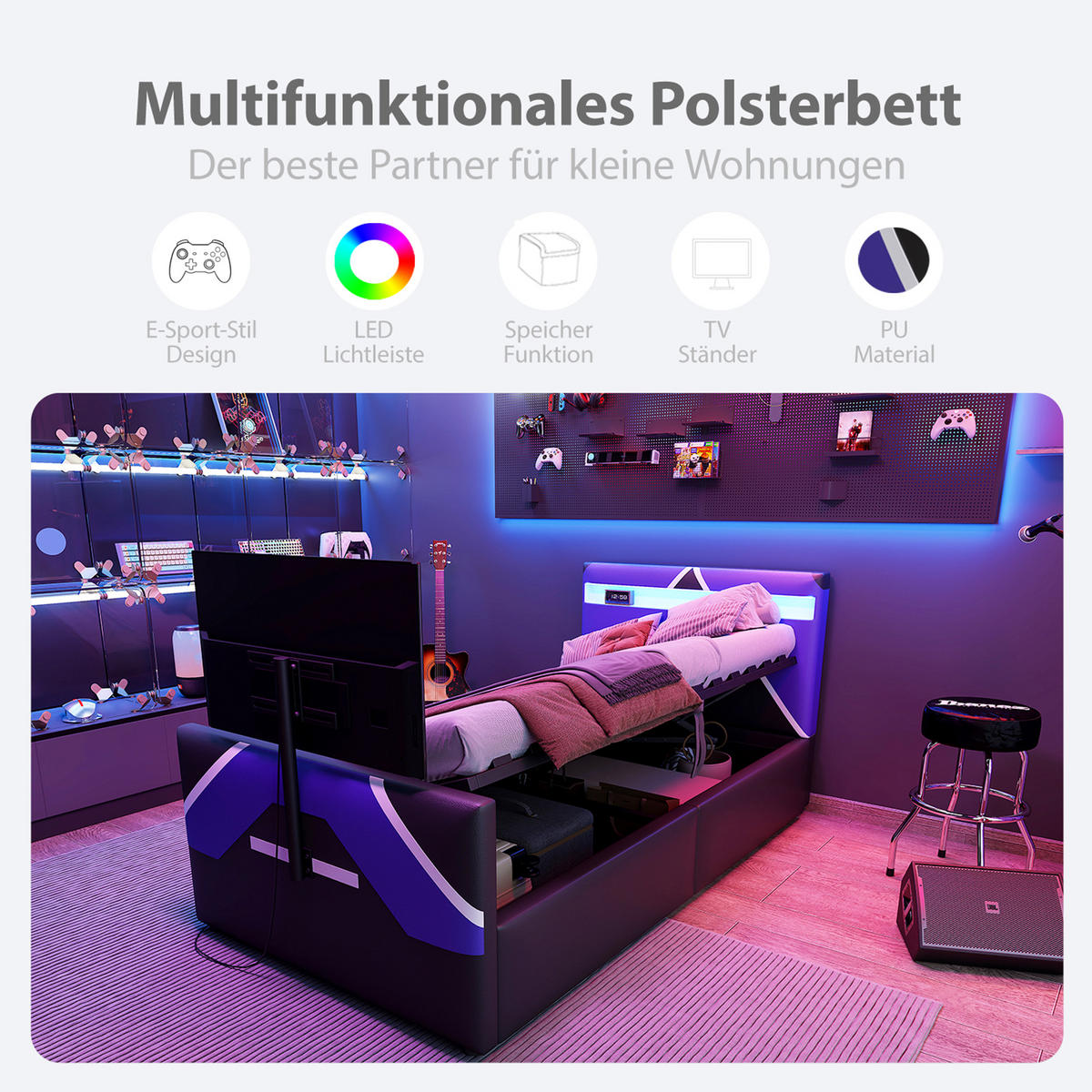 POLSTERBETT 90/200 cm Schwarz mit LED-Beleuchtung und TV-Halterung mit Stauraum - Blau/Schwarz, Kunststoff (90/200cm) - OKWISH