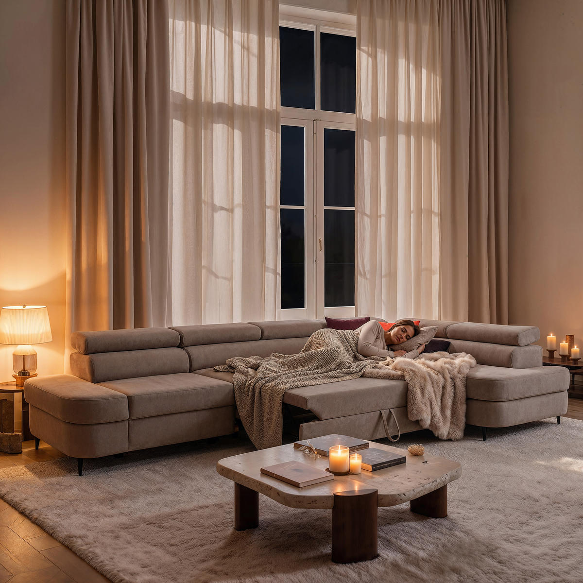 ECKSOFA PRIAM MAXI L-Form Rechts mit Schlaffunktion 125x195 Velours Beige - Beige/Schwarz, Holz/Textil (350/203cm) - Muffo