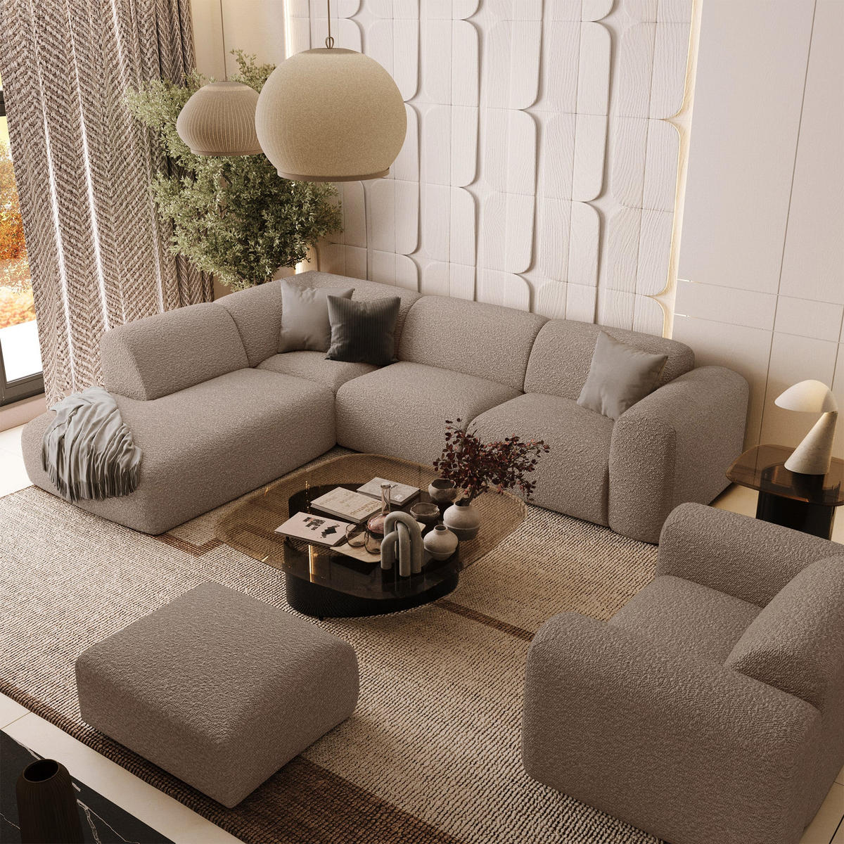 ECKSOFA LINKS Bouclé-Stoff Taupe 269cm - Taupe, Textil (221/269cm) - Sia Home