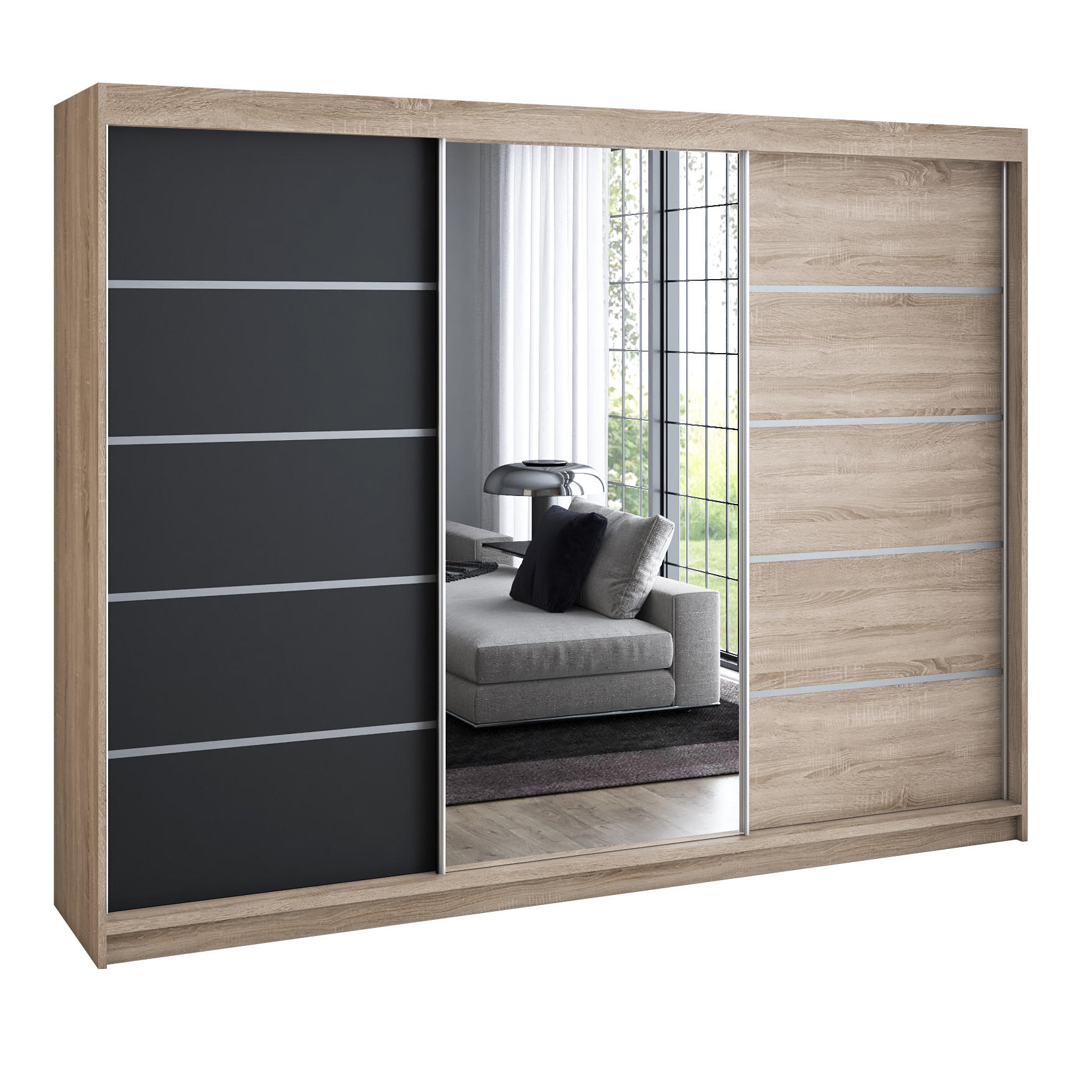 A&J MöbelLand Schwebetürenschrank Sonoma Eiche, Schwarz, Hellbraun 200x215x59.5 cm