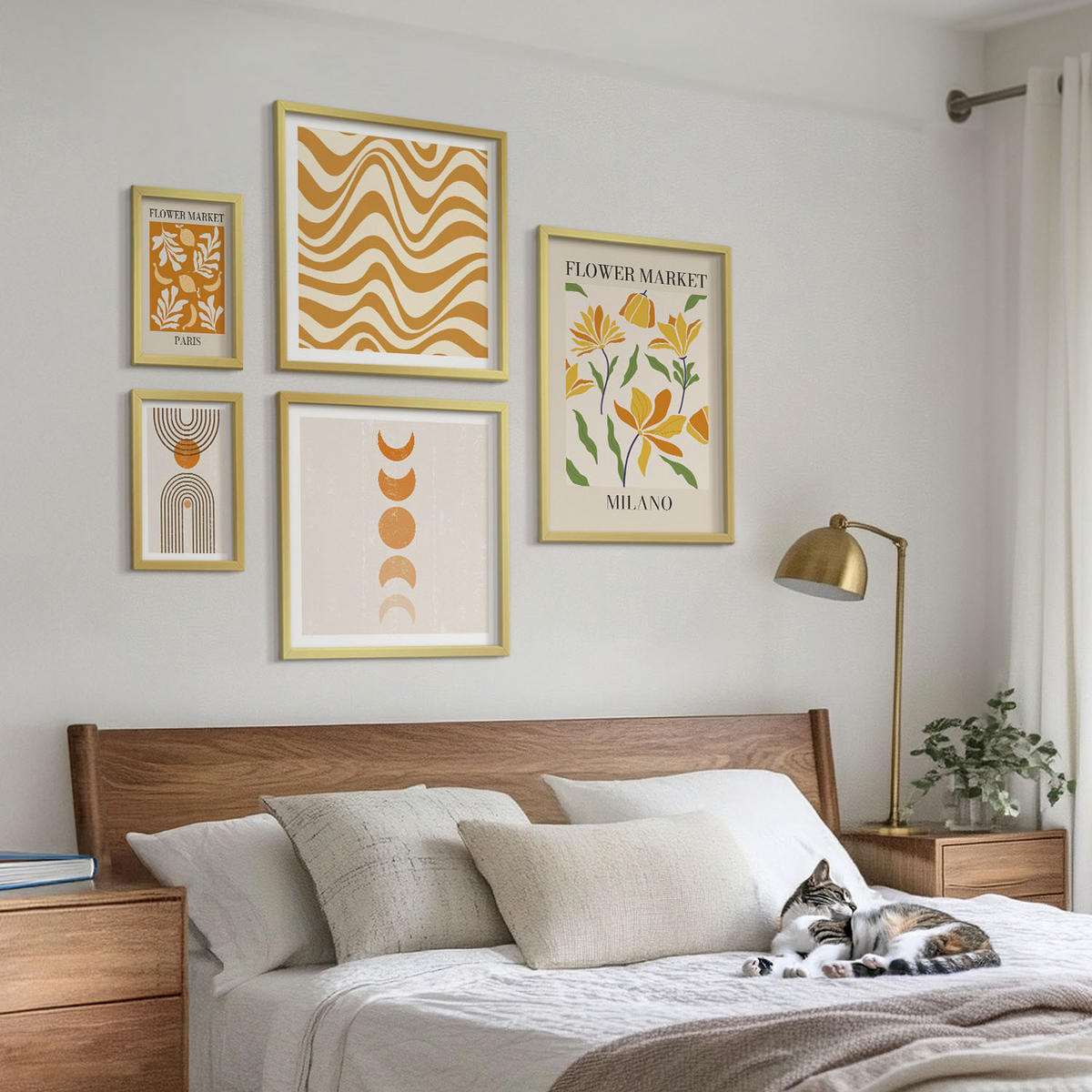 BILDER SET 5er Set - 50x50 cm & 20x30 cm & 40x60 cm Goldrahmen - Geometrische Pflanzenmuster - Goldfarben, Kunststoff (40/60cm) - TULUP