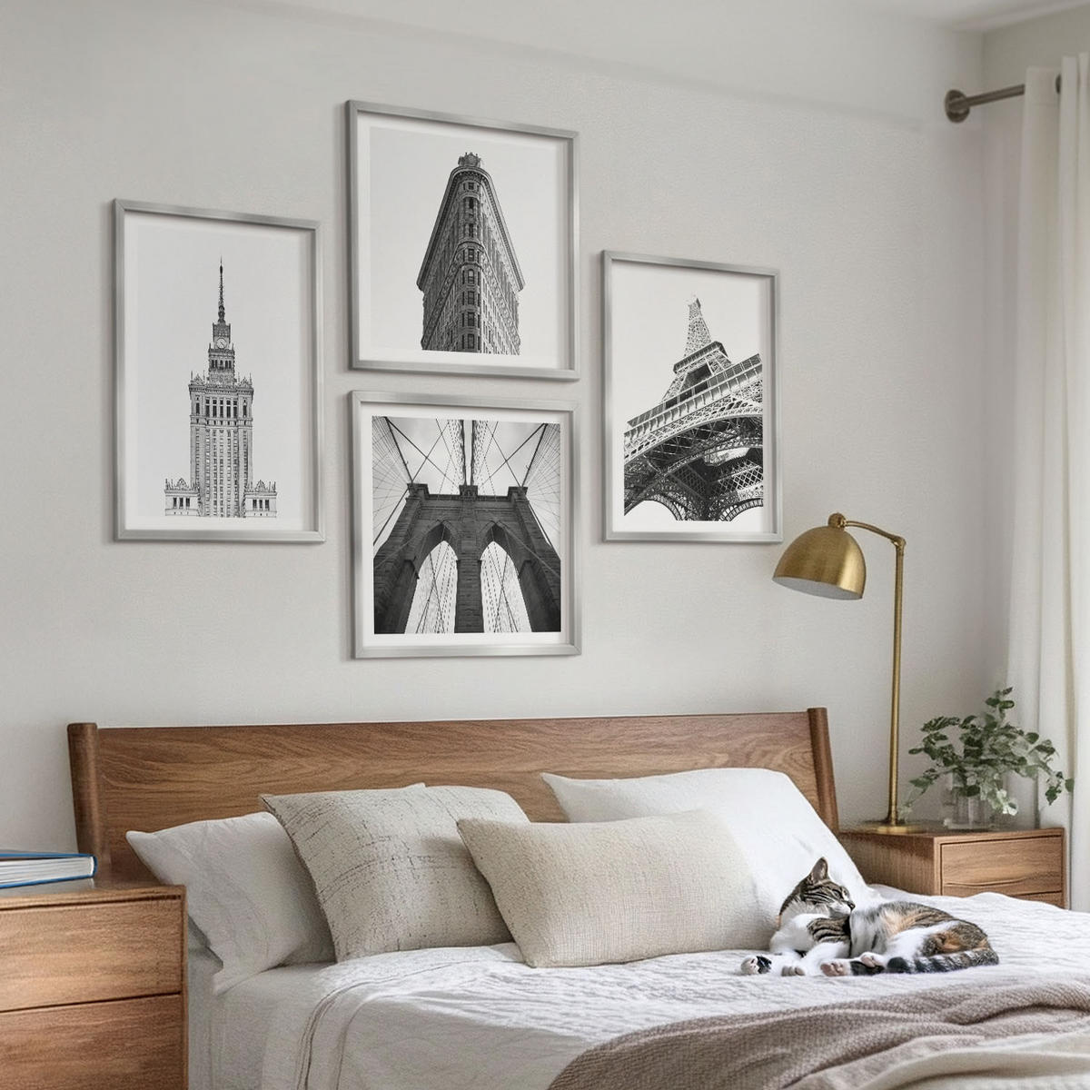 WANDBILDER 4er Set - 50x50 cm & 40x60 cm Silberner Rahmen - Architektur Schwarz-Weiß-Minimalismus - Silberfarben, Kunststoff (50/50cm) - ArtPrintCave