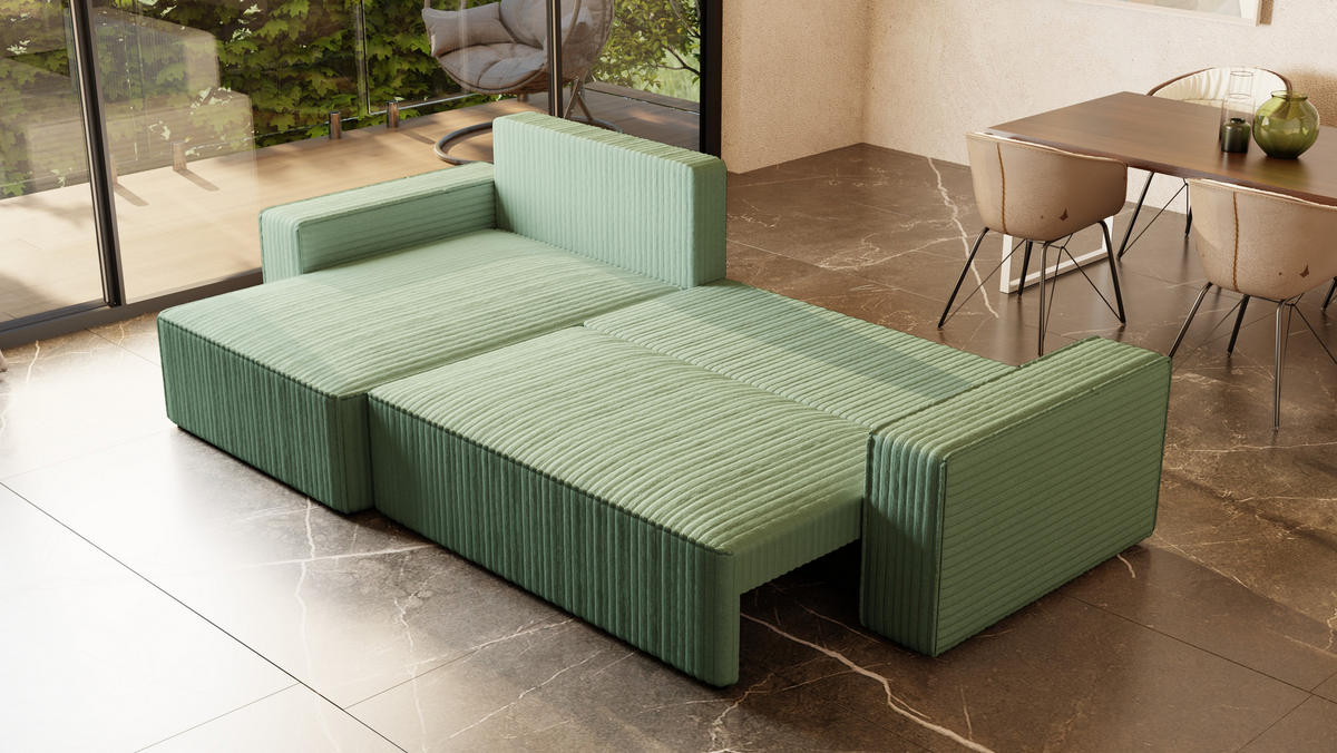 ECKSOFA Tobi mit Bettkasten und Schlaffunktion, L-Form/XL-Form, Cordstoff, Universal - Mintgrün, Holzwerkstoff (276/145cm) - 4ALL HOME