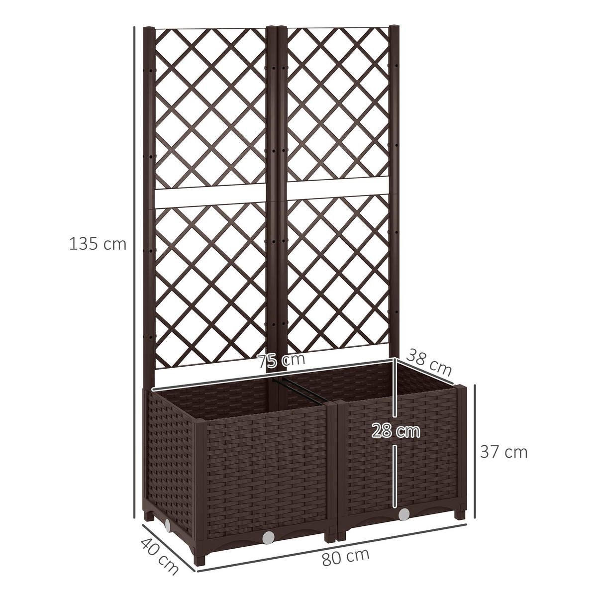 HOCHBEET DE-12209 mit Rankgitter 80/40/135 cm mit 6 Drainagelöchern Braun - Braun, Kunststoff (80/135/40cm) - ComfortXL