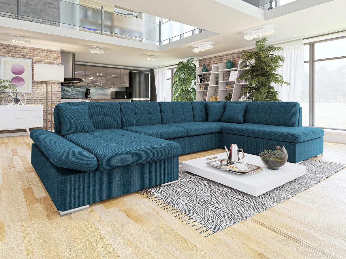 ECKSOFA Bergen Cord, Seite: Links - Blau/Silberfarben, Holz/Textil (345/76/205cm) - MIRJAN24