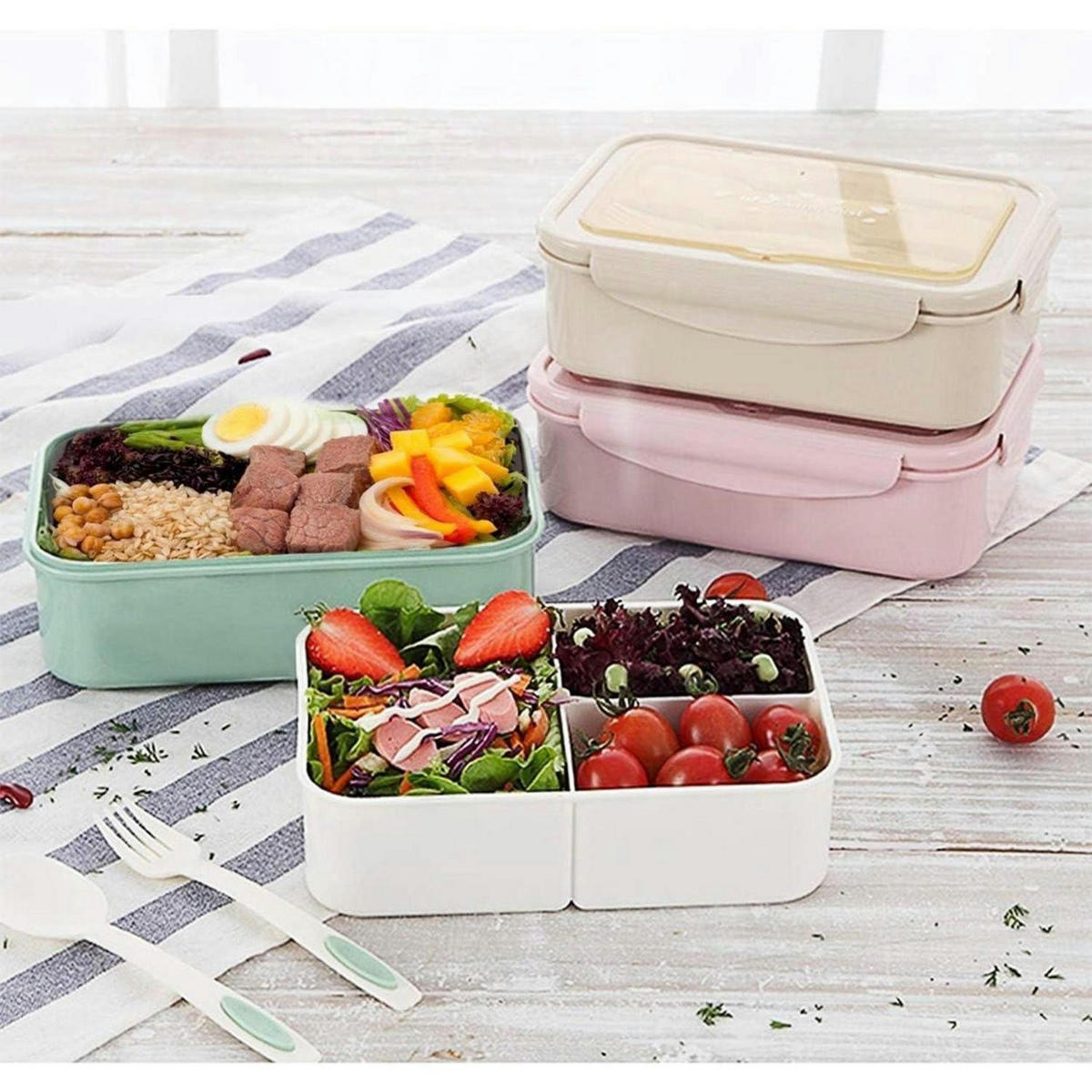 BENTO Box mit 3 Fächern und Besteck, Auslaufsicher, Mikrowellengeeignet, Pink - Rosa, Kunststoff (14/6.5/21cm)