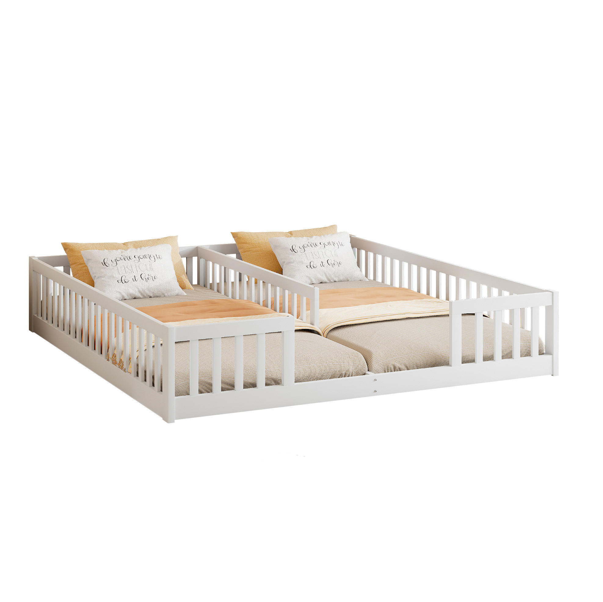 KINDERBETT aus Kiefernholz und MDF 90x200 cm Weiß mit Lattenrost und Sicherheitsgitter für 2 Kinder - Weiß, Holz (90/200cm) - Modfu